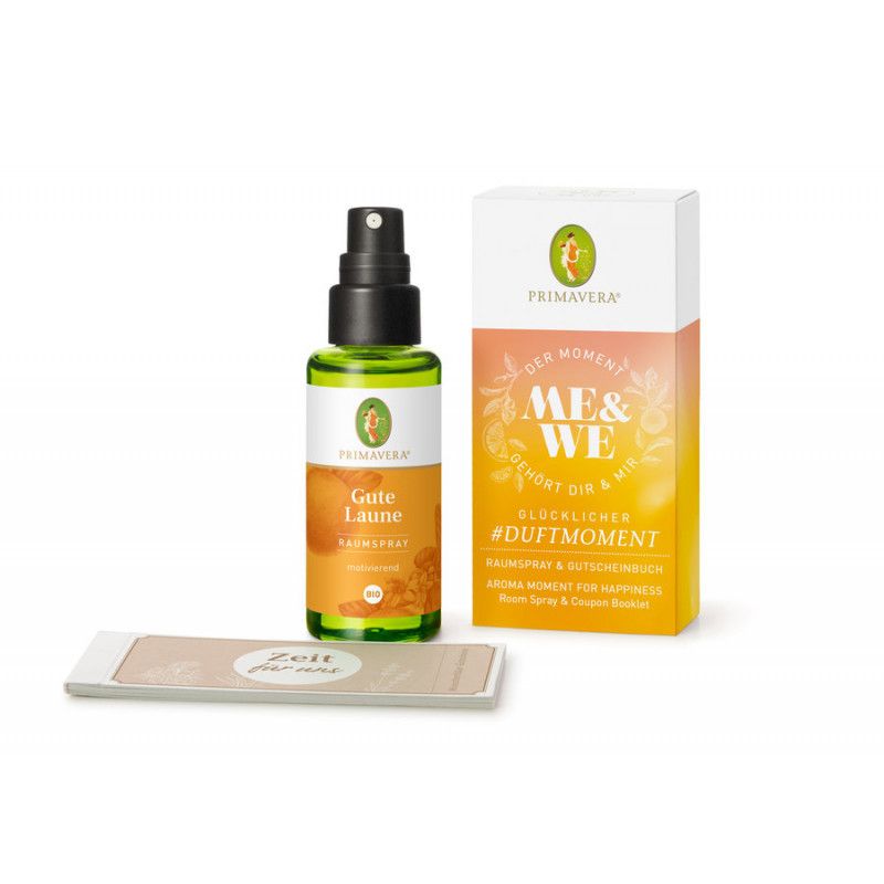 Geschenkset mit Raumspray und Gutschein. Aufschrift: Primavera, Gute Laune, #DUFTMOMENT. Grün-orange Verpackung.