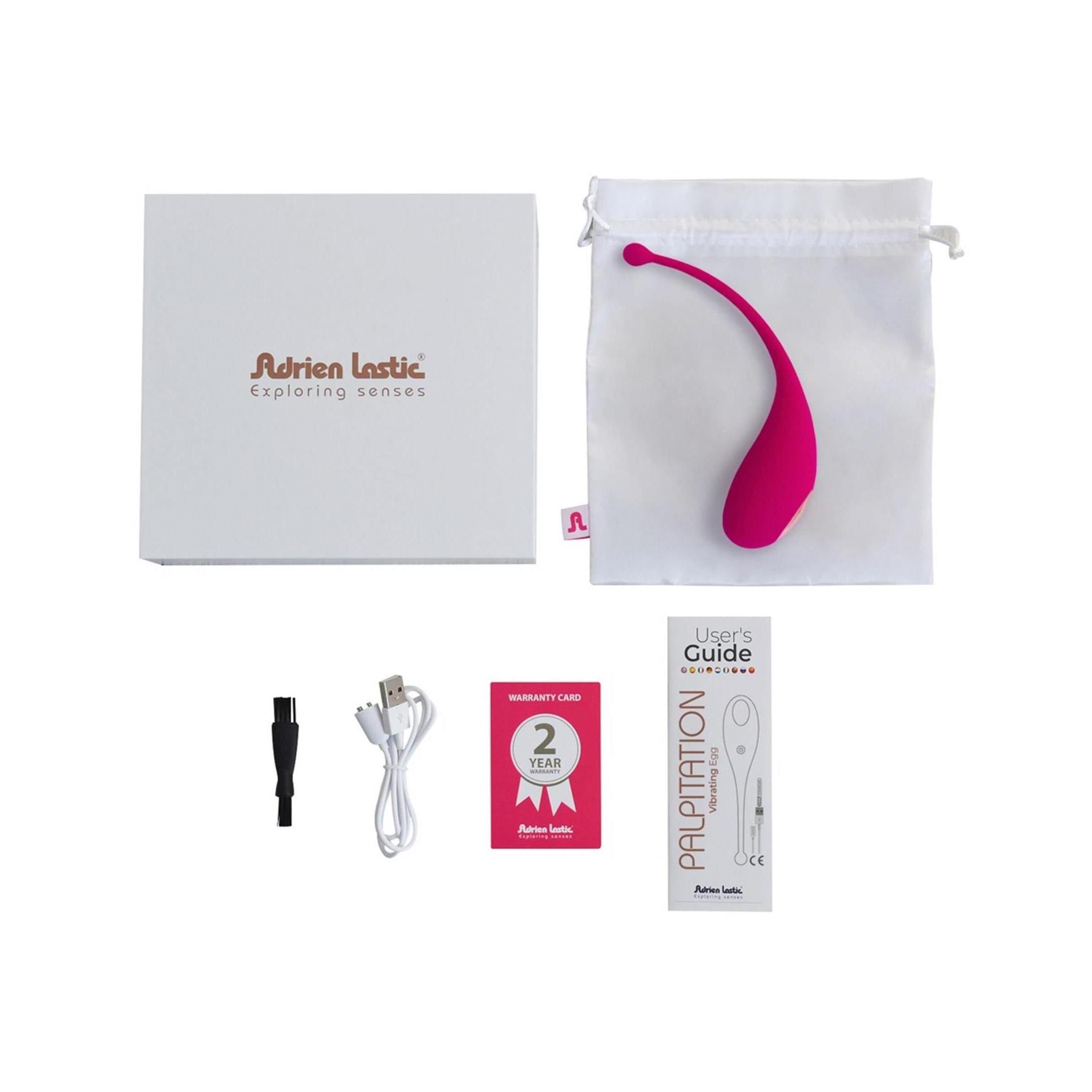 Produktverpackung mit Vibrator, Beutel, Ladekabel, Garantiekarte und Bedienungsanleitung. Marke: Adrien Lastic.