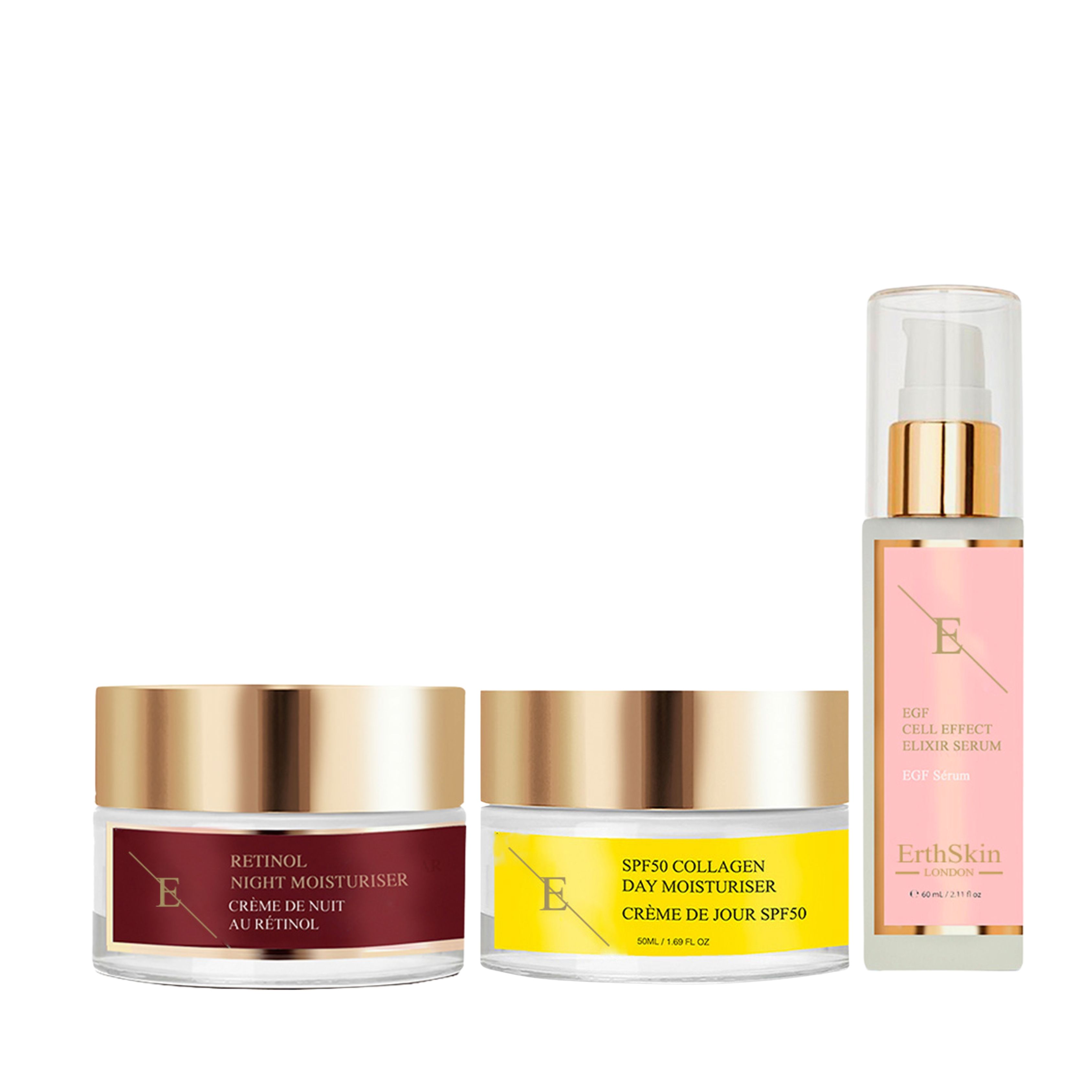 Drei Kosmetikprodukte: Tagescreme, Nachtcreme und Serum. Cremetiegel mit goldenen Deckeln, Serumflasche mit Sprühkopf. Beschriftung auf Englisch und Französisch.