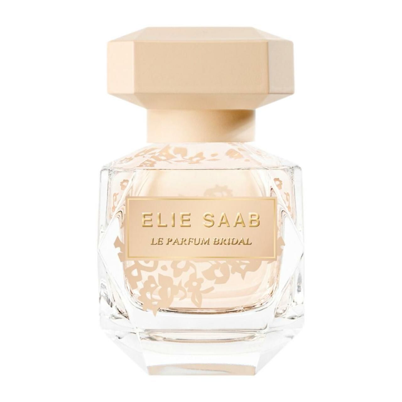 Glasflakon mit beigem Deckel. Aufschrift: Elie Saab, Le Parfum Bridal. Floral-Dekor auf dem Flakon.