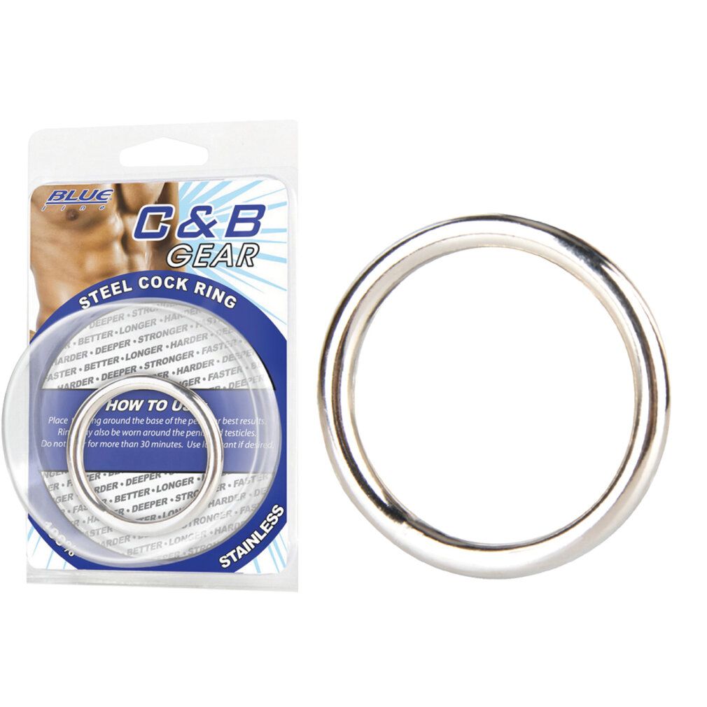 Stahl-Penisring, glänzend, in Verpackung. Verpackung mit Produktname, Marke und Anwendungsbeschreibung.