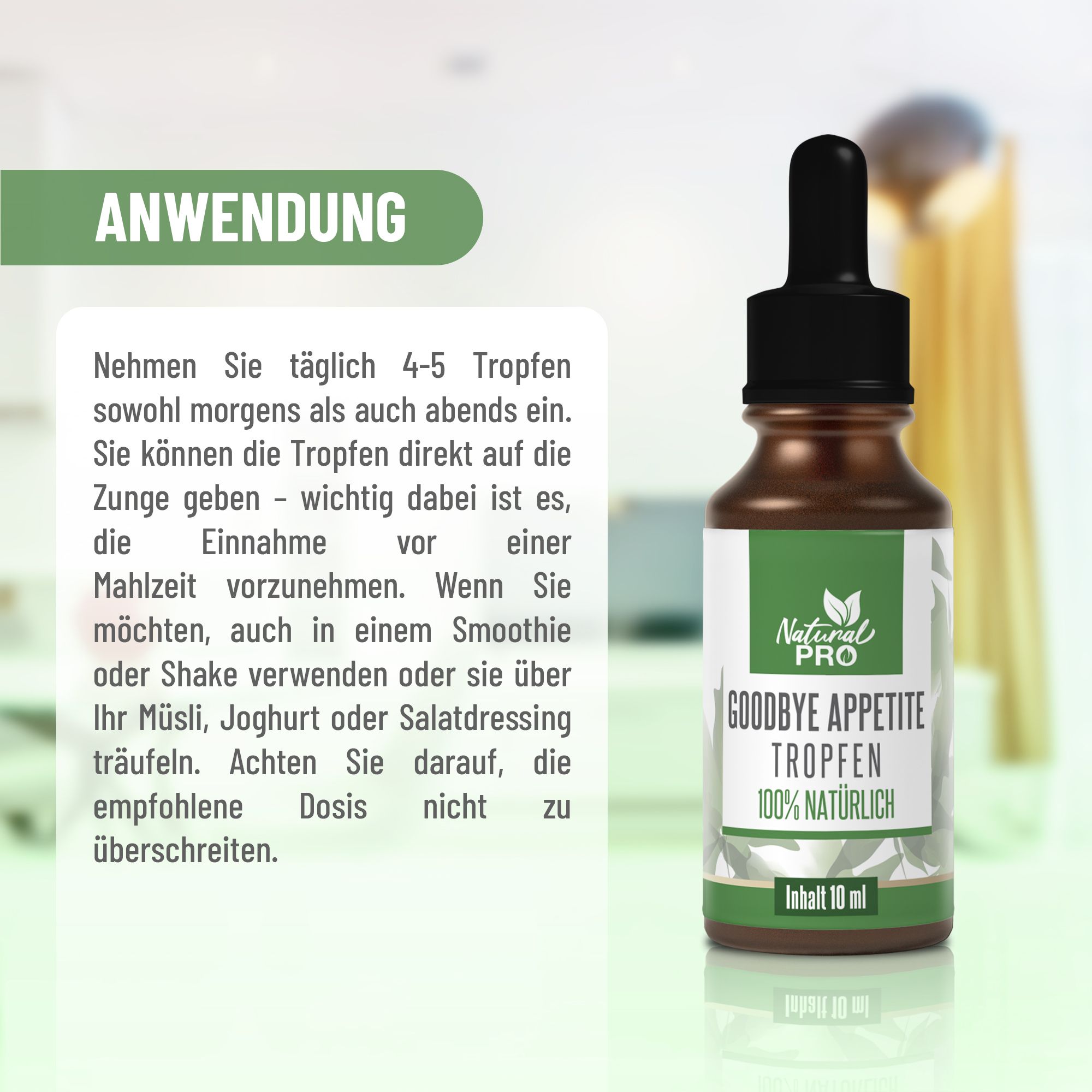 Braune Flasche mit schwarzem Deckel und Pipette. Aufschrift: Goodbye Appetite Tropfen, 100% natürlich. Anwendungshinweise sind im Hintergrund zu sehen.