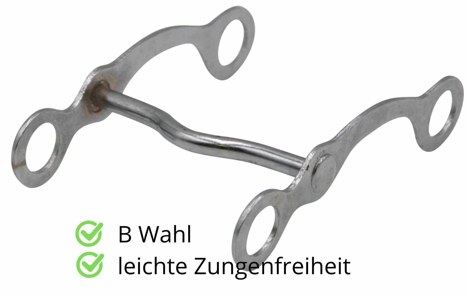 Verchromtes Western Bit mit gebogenem Mundstück und Ringösen. Text: B Wahl, leichte Zungenfreiheit.