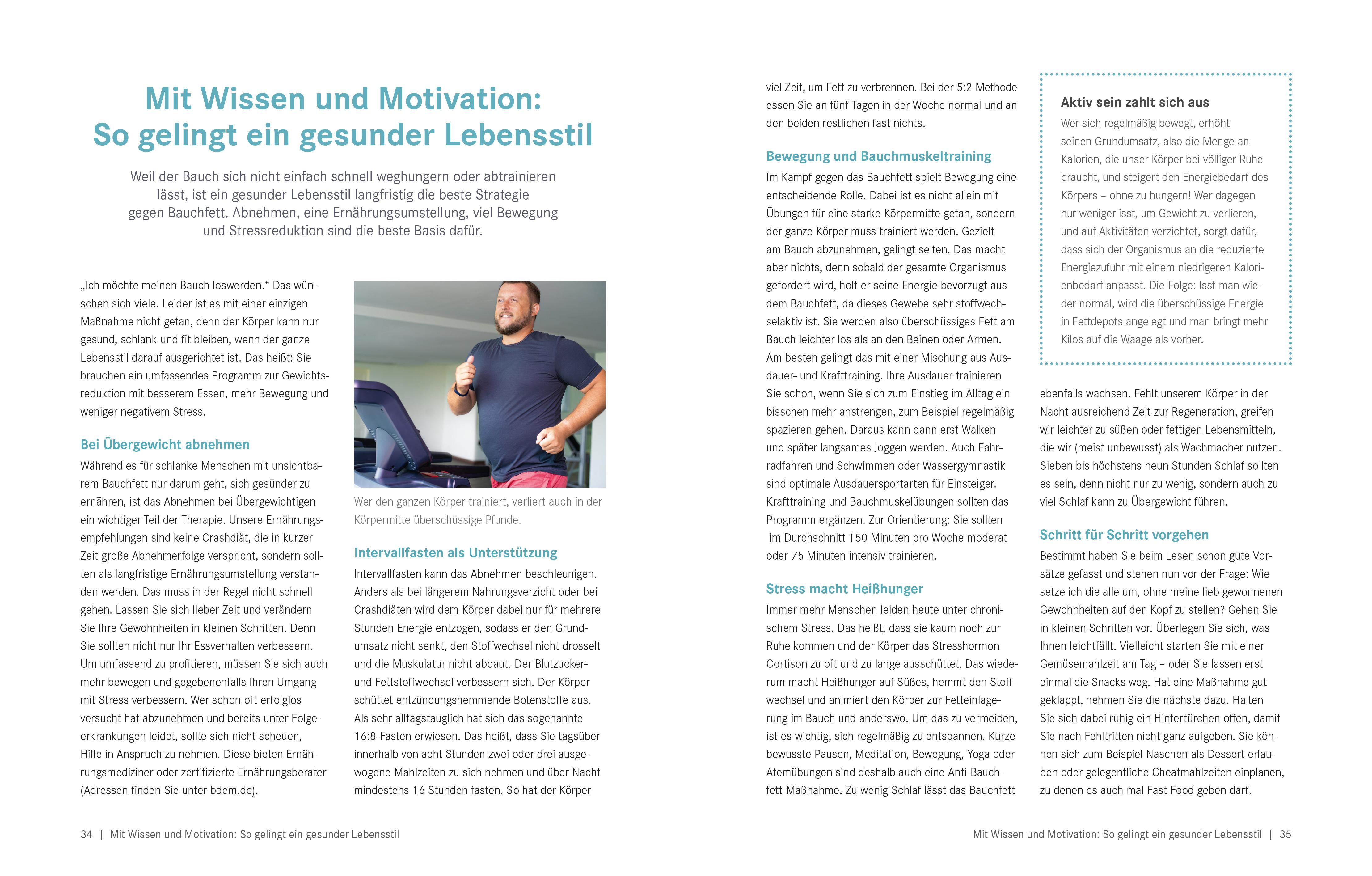 Buchseite mit Text und einem Mann auf einem Laufband. Text in deutscher Sprache.