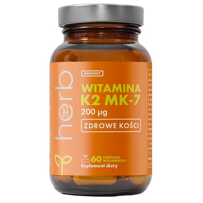 Braune Glasflasche mit Vitamin K2 MK-7 Kapseln, 200 mcg. Enthält 60 vegane Kapseln.