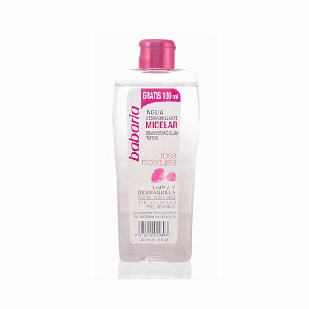 Klare Flasche mit rosa Deckel. Etikett mit Babaria-Logo und Produktbezeichnung. Text: Agua Micelar, Rosa Mosqueta.