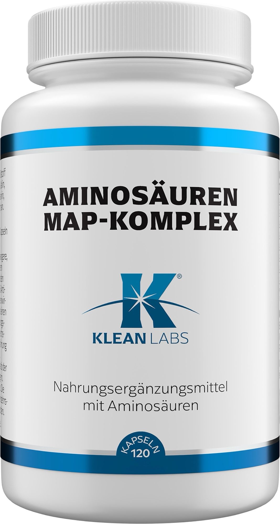 Flasche mit Klean Labs Aminosäuren MAP-Komplex Kapseln, 120 Stück.
