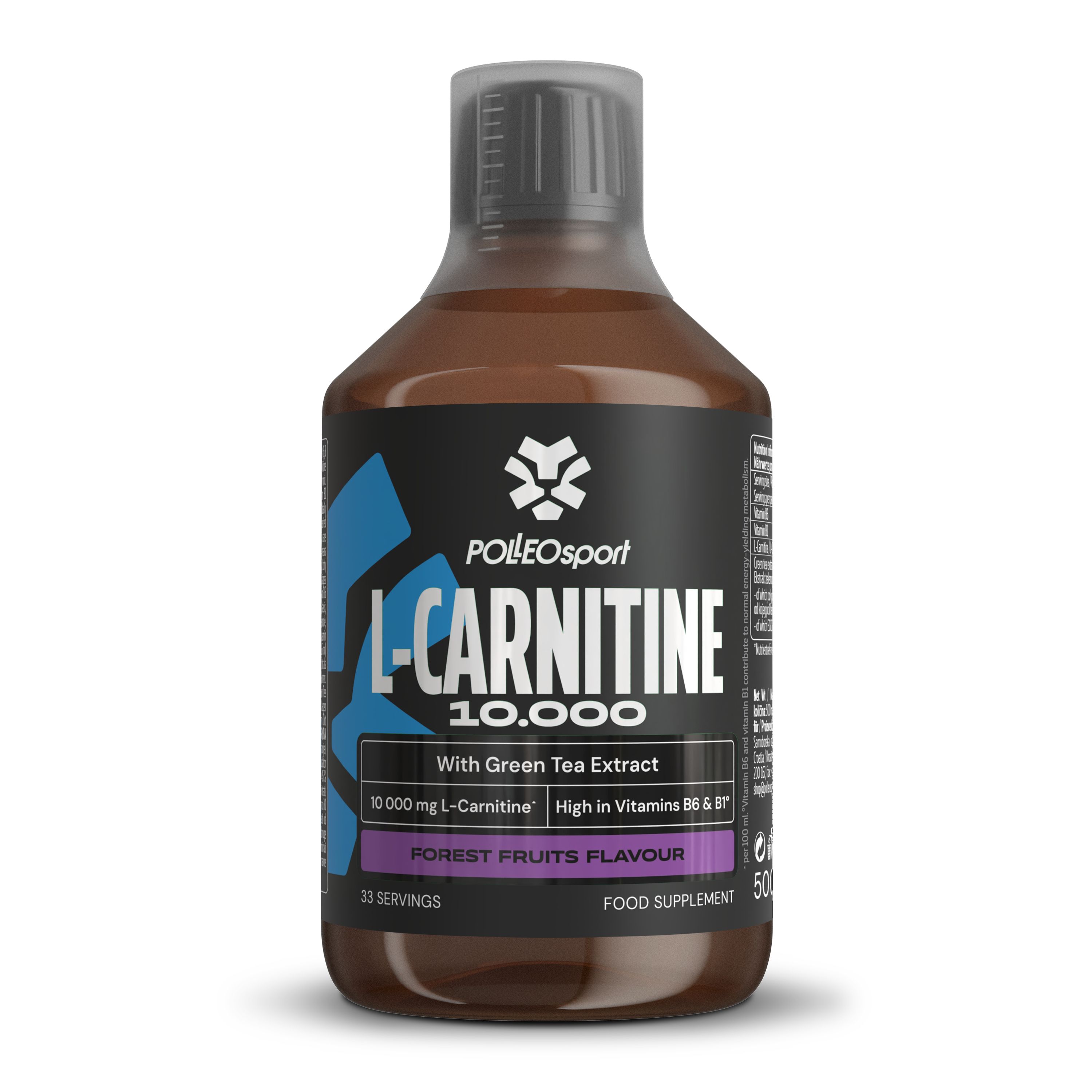 Braune Flüssigkeit in einer Flasche mit schwarzem Etikett, das L-Carnitin 10.000 mit Grüntee-Extrakt und Waldfrüchtegeschmack angibt.
