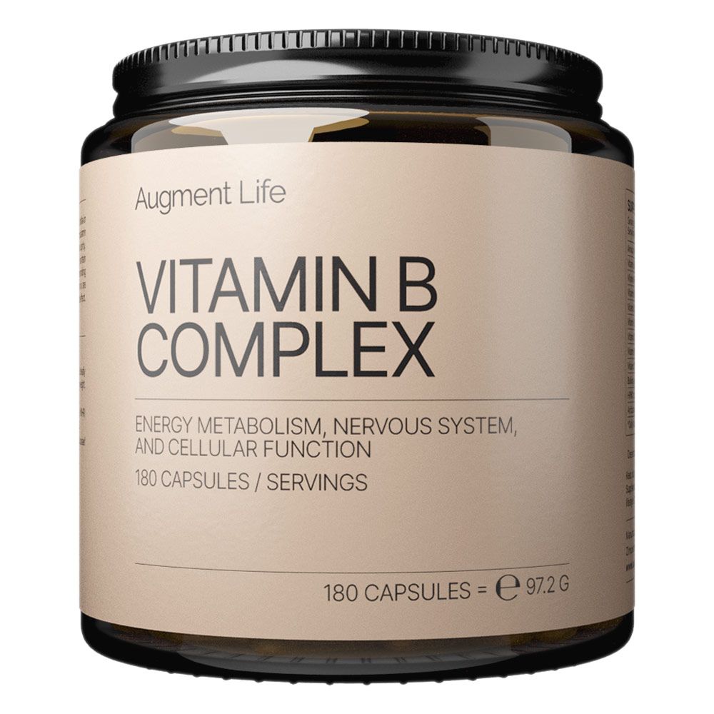 Augment Life Vitamin B Komplex in einem braunen Glasbehälter mit schwarzem Deckel. Enthält 180 Kapseln.