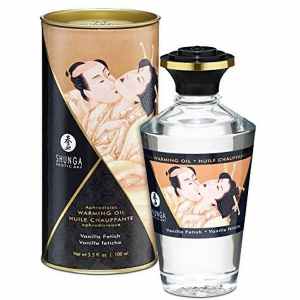 Shunga Massageöl mit Aroma Vanille. Flasche und Verpackung mit Abbildung eines Paares. Text: Warming Oil, Vanilla Fetish.