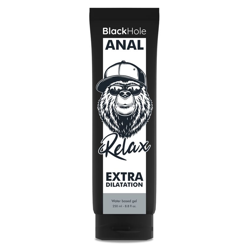Black Hole Anal Relax Extra Dilatation Gel, 250 ml. Schwarze Tube mit weißer Schrift und Bären-Illustration.