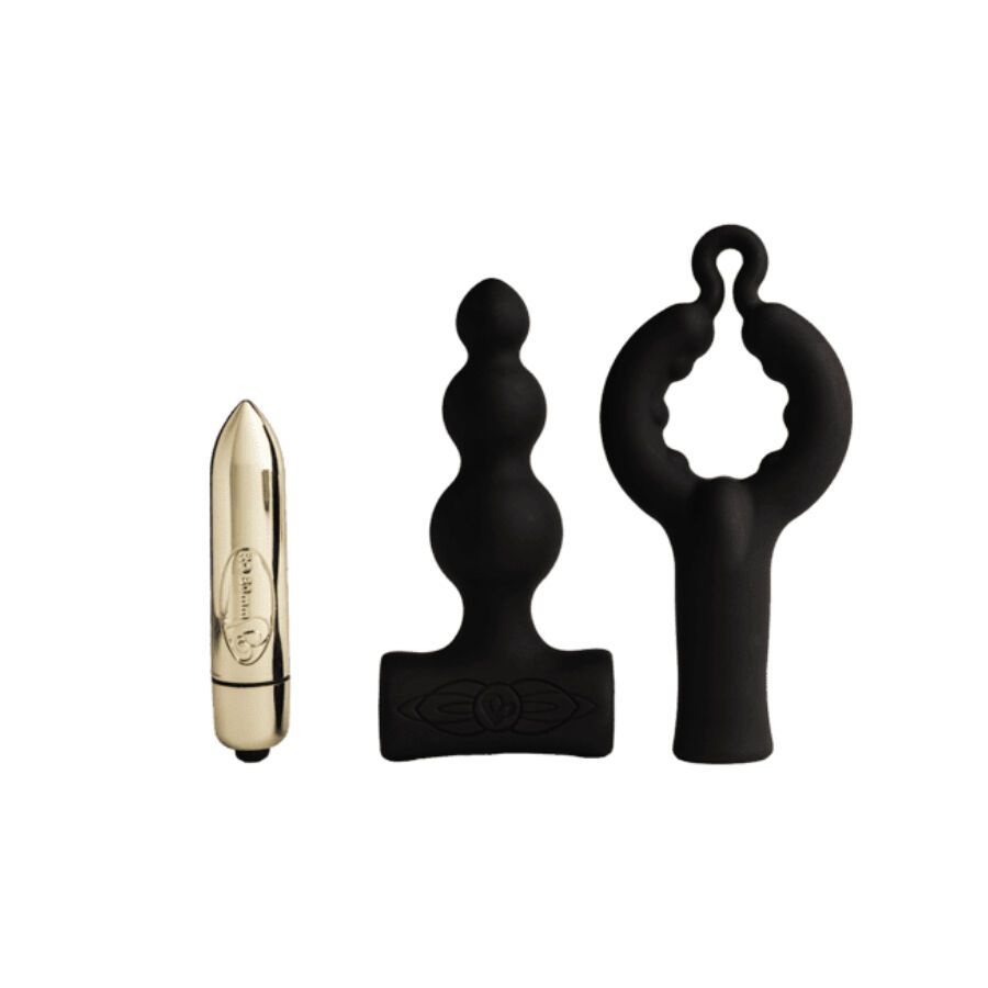 Set mit goldener Vibrationsspitze, schwarzem Analplug und Ring.