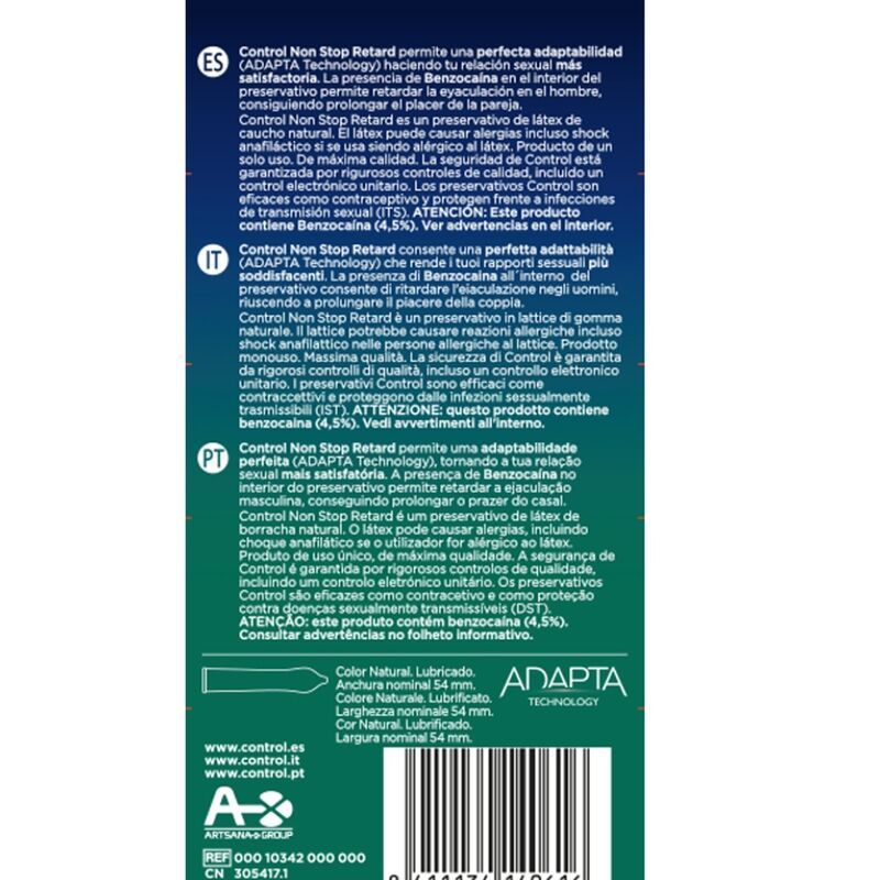 Verpackung von Kondomen. Text: Control, Non Stop Retard. Enthält 12 Kondome. Zertifizierungen und Logos sind sichtbar.