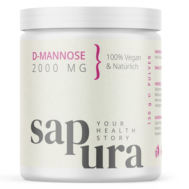Weiße Dose mit Aufschrift D-Mannose 2000 MG, 100% Vegan & Natürlich, und dem Logo von SAPURA. 150 g Pulver.