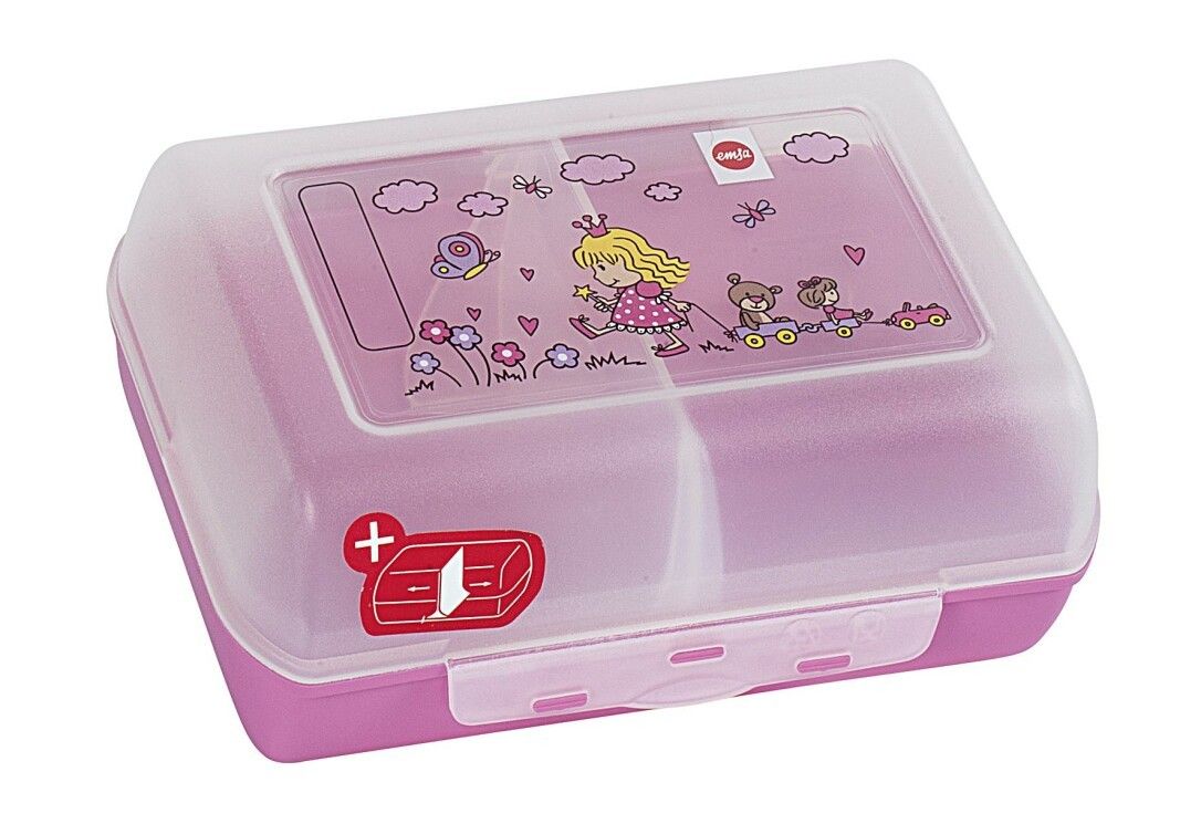 Rosa Brotdose mit weißem Deckel, geschlossen. Auf dem Deckel befindet sich ein Aufkleber mit einer Prinzessin.