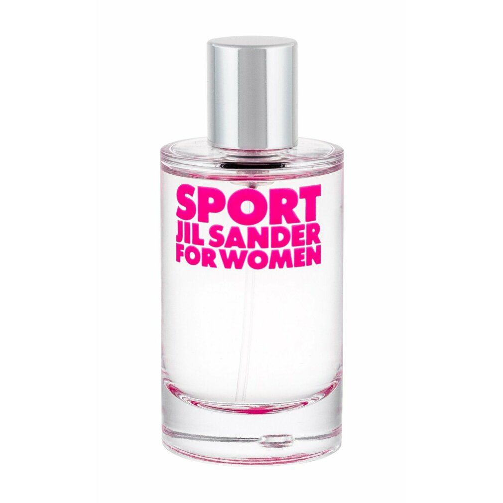 Klarer Glasflakon mit silbernem Verschluss. Rosa Schriftzug: SPORT JIL SANDER FOR WOMEN. Flakon steht.