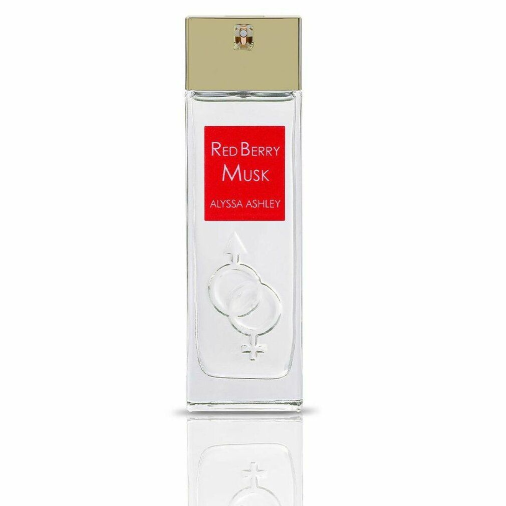 Parfümflakon mit rotem Etikett. Aufschrift: Red Berry Musk, Alyssa Ashley. Goldfarbener Deckel. Geschlechter-Symbol.