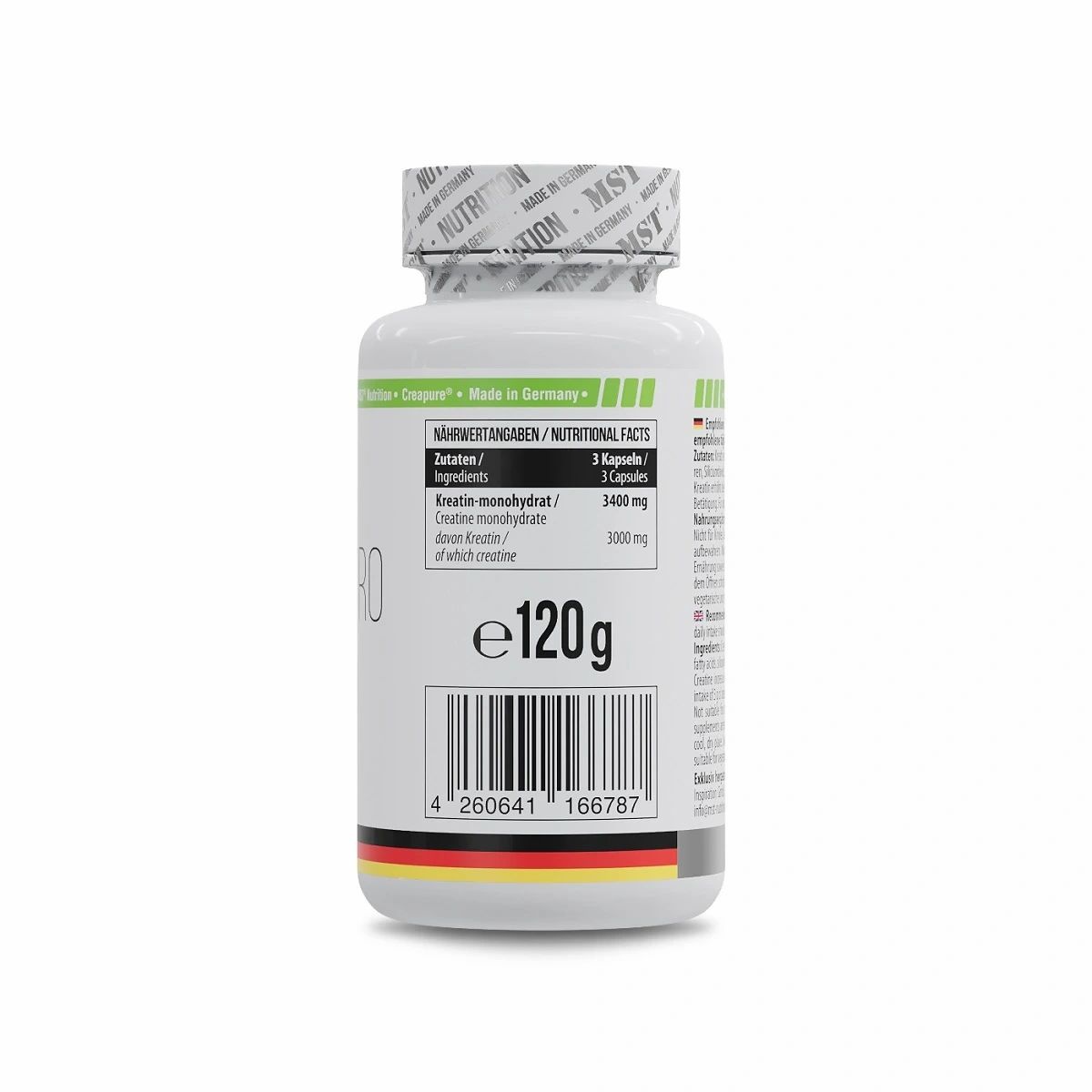 Rückseite der weißen Flasche MST Creatine Pro. Nährwertangaben, 120g, Barcode, deutsche Flagge.