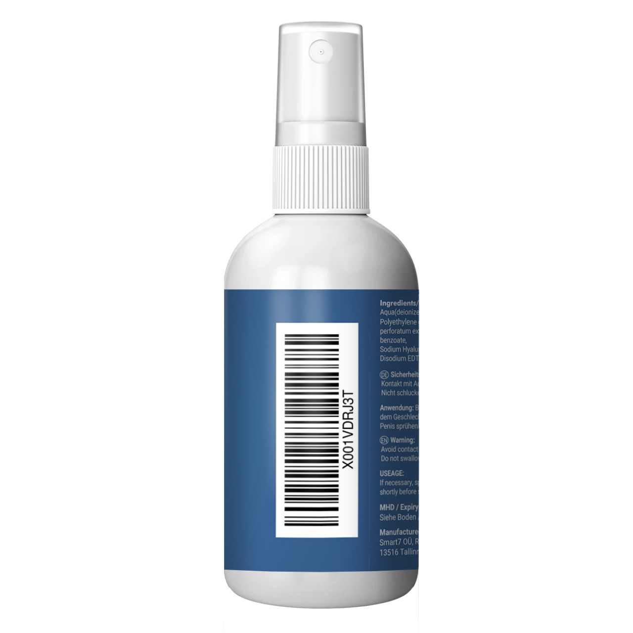 Rückseite einer weißen Sprühflasche mit blauem Etikett und Barcode. Text: Inhaltsstoffe, Chargennummer, Hersteller.