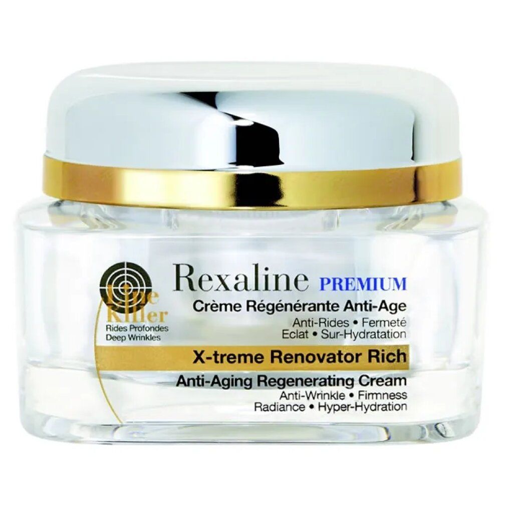 Creme-Tiegel mit silbernem Deckel und goldfarbenem Rand. Text: Rexaline Premium, Crème Régénérante Anti-Age.