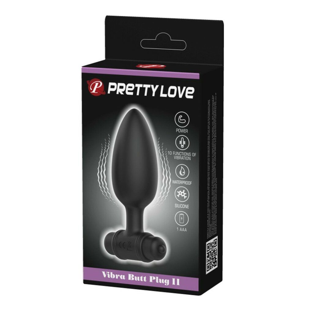 Verpackung mit schwarzem Analknopf. Marke Pretty Love. Text: 10 Vibrationsmodi, wasserdicht, Silikon. Benötigt 1 AAA-Batterie.