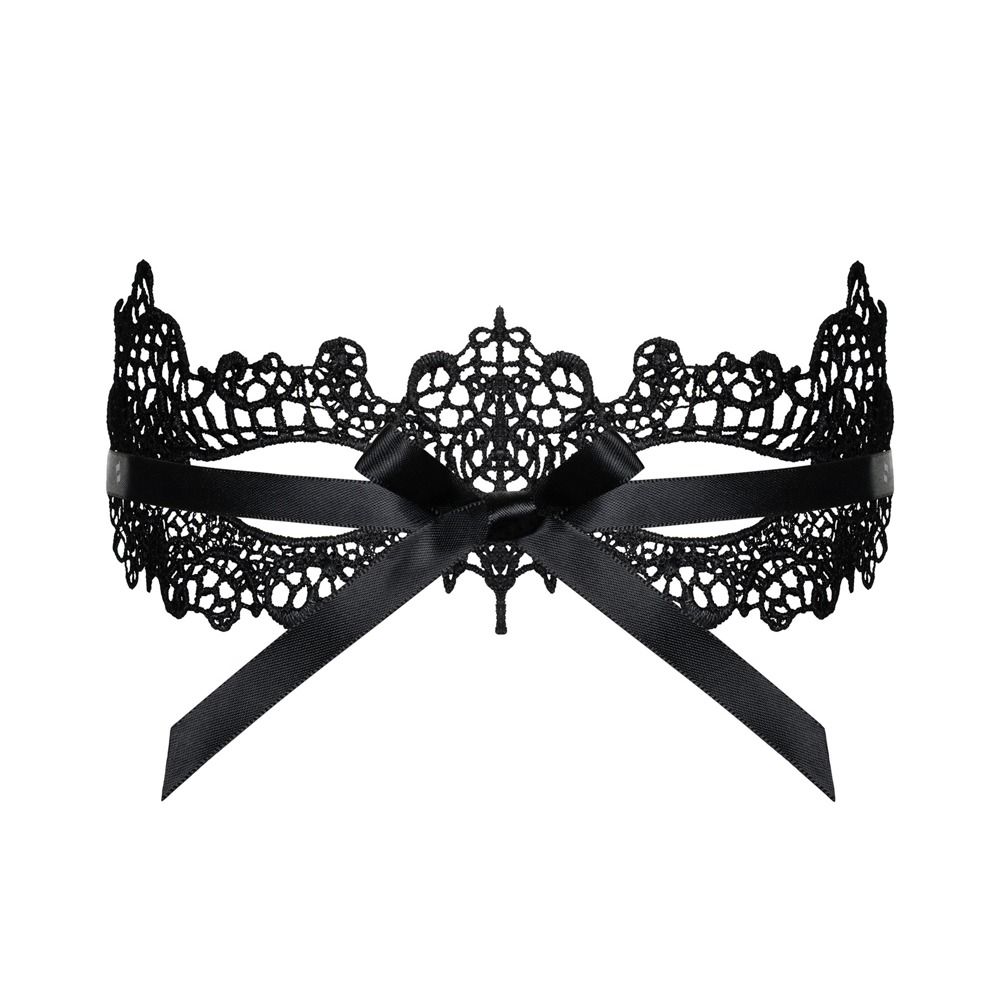 Schwarze Maske aus Spitze mit Schleife. Blickfang für intime Momente. Zarte Details.