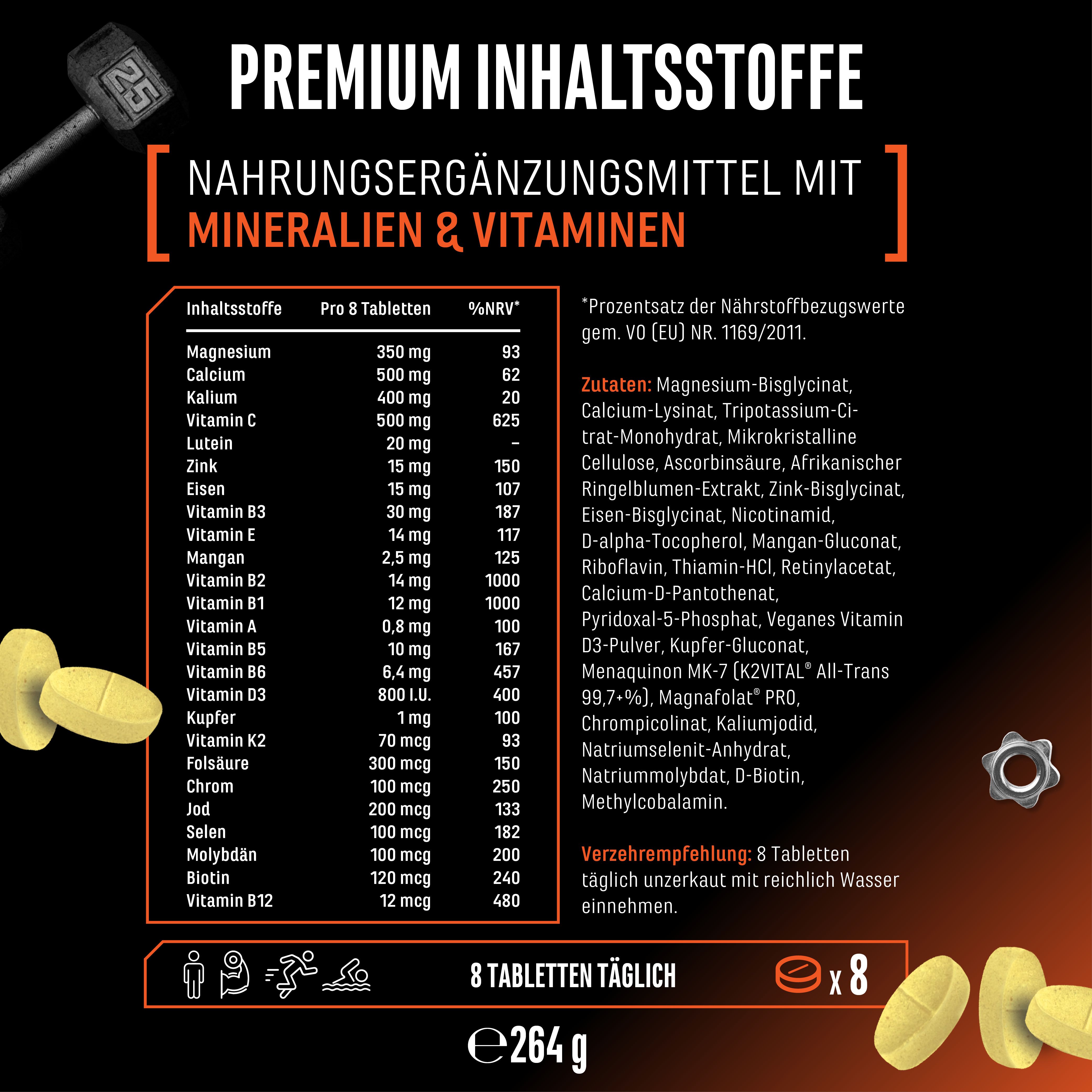 Nahrungsergänzungsmittel GEN ALL IN ONE. Enthält Mineralien & Vitamine. Inhaltsstoffe, Nährwertangaben, Dosierung: 8 Tabletten.