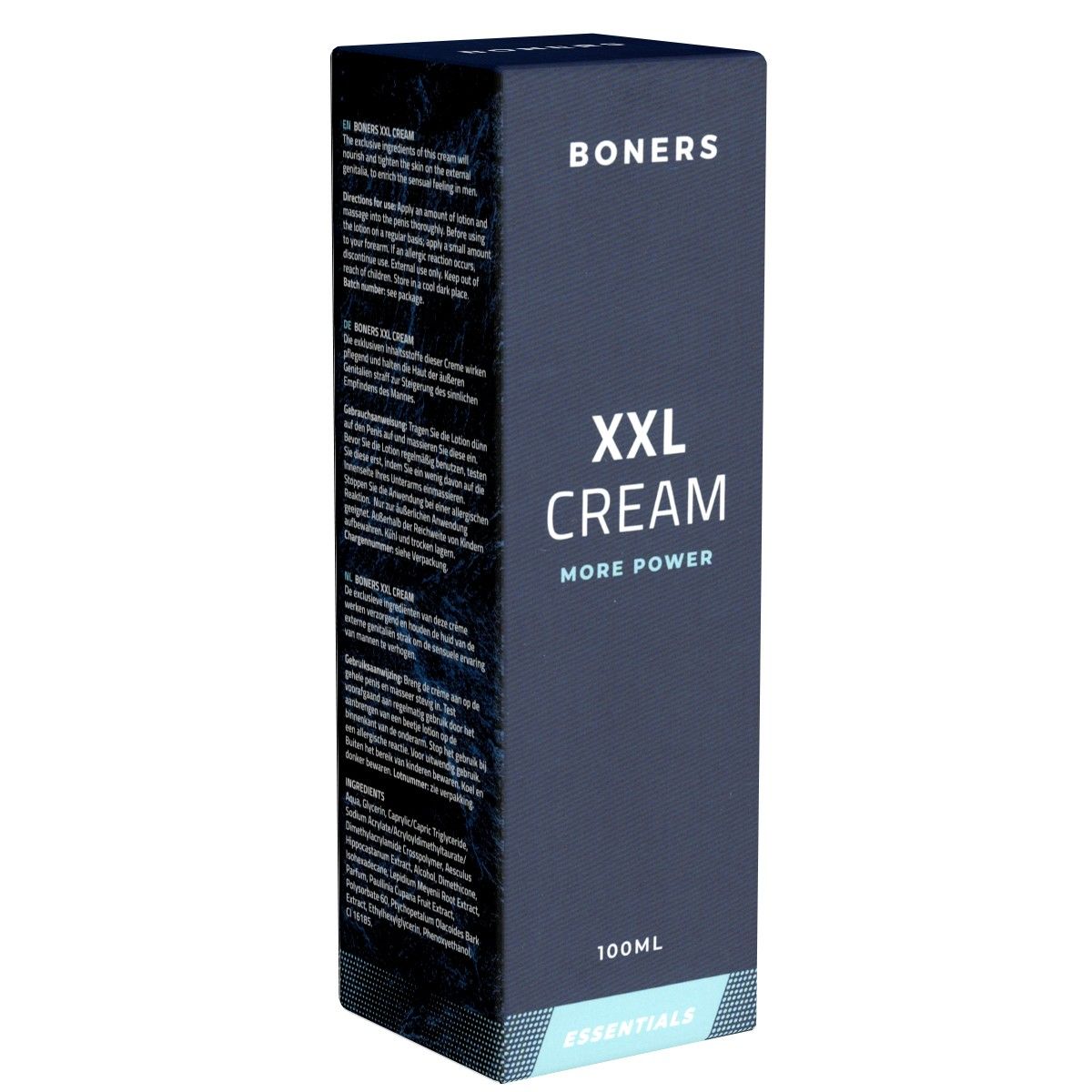 Dunkelblaue Verpackung mit Text. Oben steht "BONERS", darunter "XXL CREAM MORE POWER". Unten steht "100ML" und "ESSENTIALS".