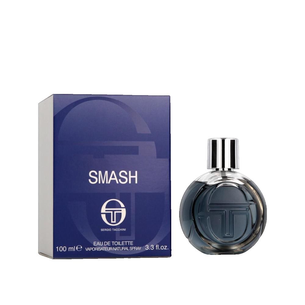 Sergio Tacchini Smash Eau de Toilette für Herren, 100ml Flakon mit silbernem Zerstäuber und blauer Verpackung.