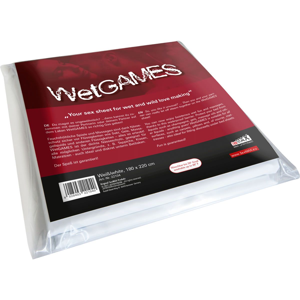 Weiße Sex-Laken in Folienverpackung. Aufdruck: WetGAMES, Text in Deutsch und Englisch. Größe: 180 x 220 cm.