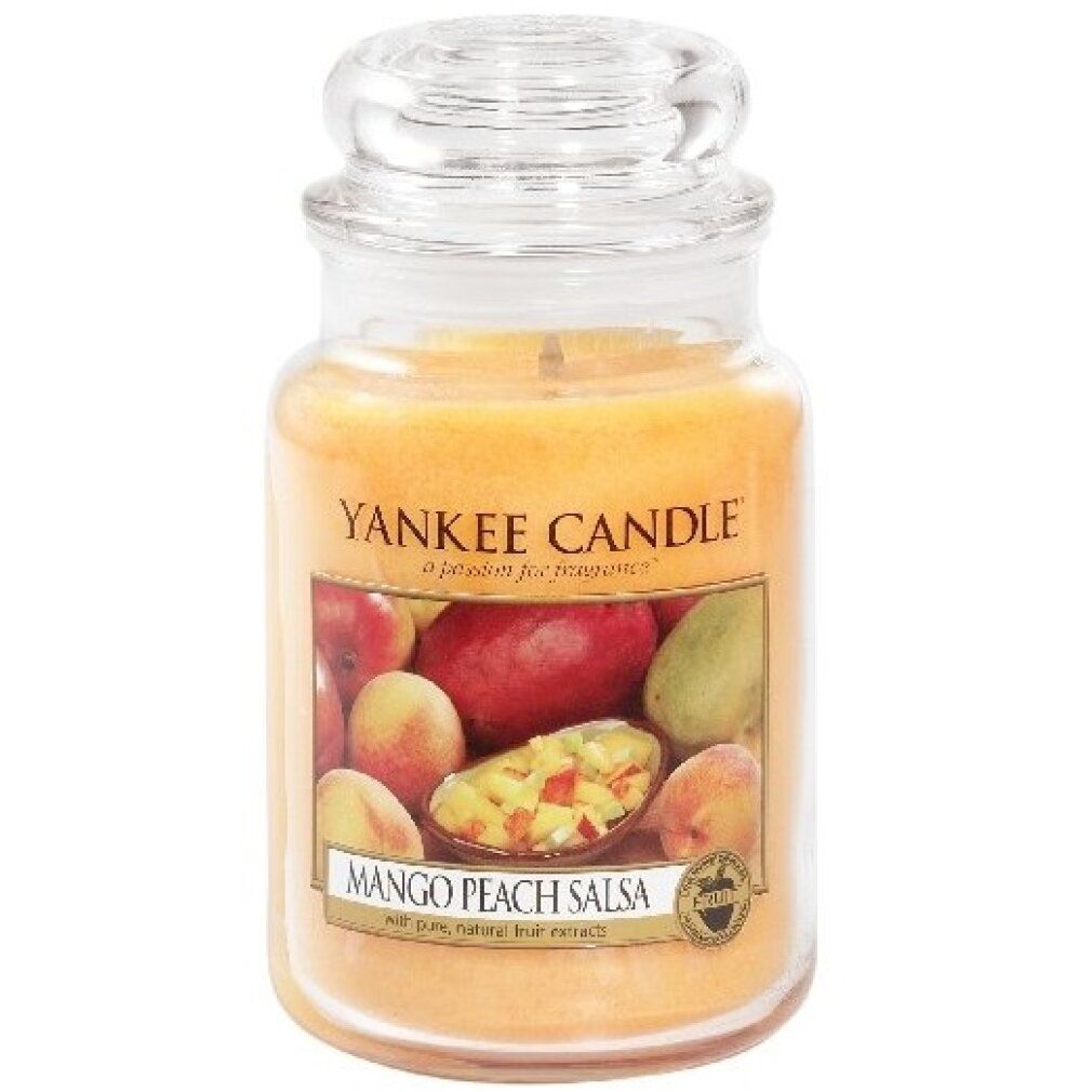 Yankee Candle Duftkerze Mango Peach Salsa. Großes Glas mit Deckel. Etikett mit Früchten. Gelbes Wachs.