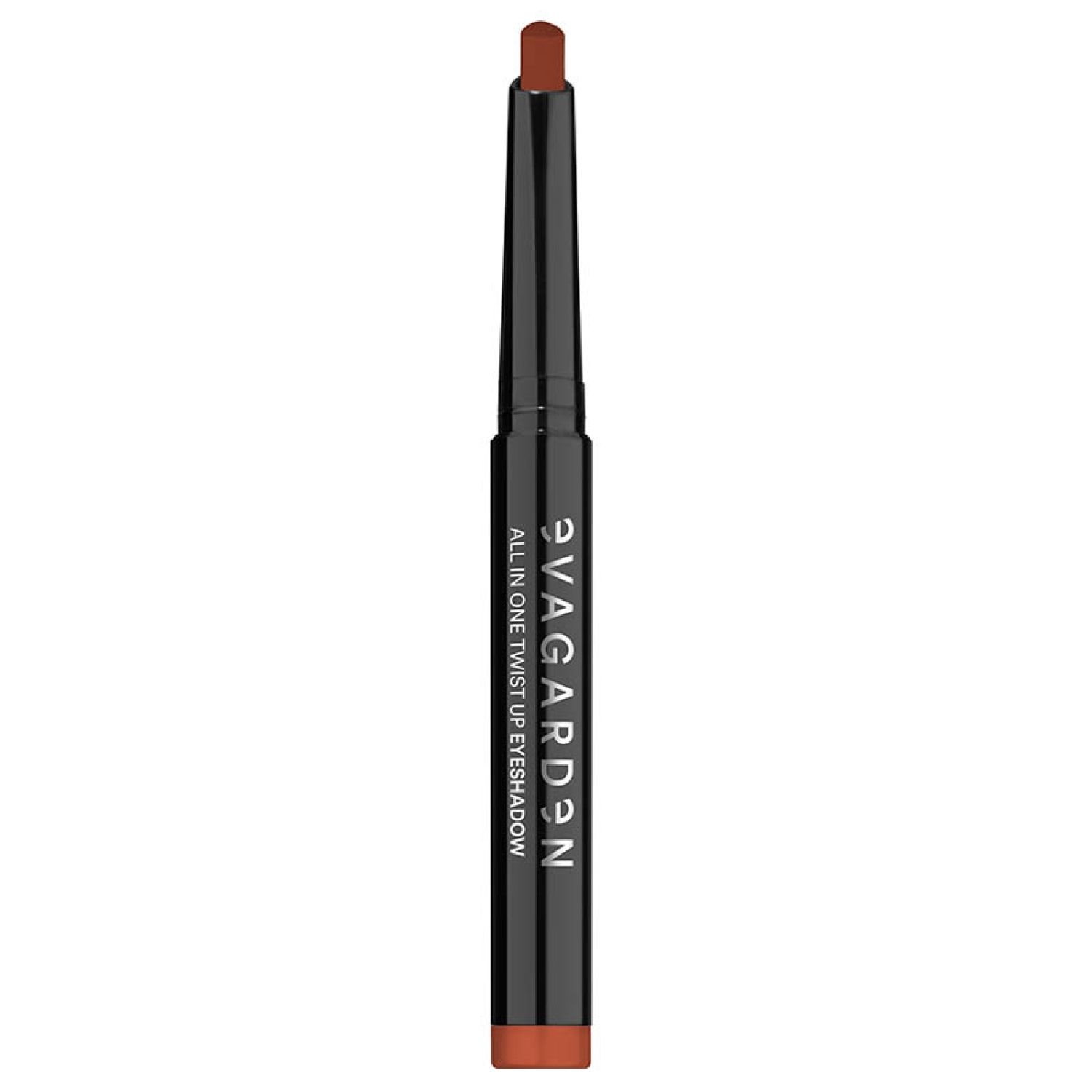 Augen-Lidschattenstift, braun-orange. Schwarzer Stift mit Produktbezeichnung. Aufschrift: EVAGARDEN ALL IN ONE TWIST UP EYESHADOW.
