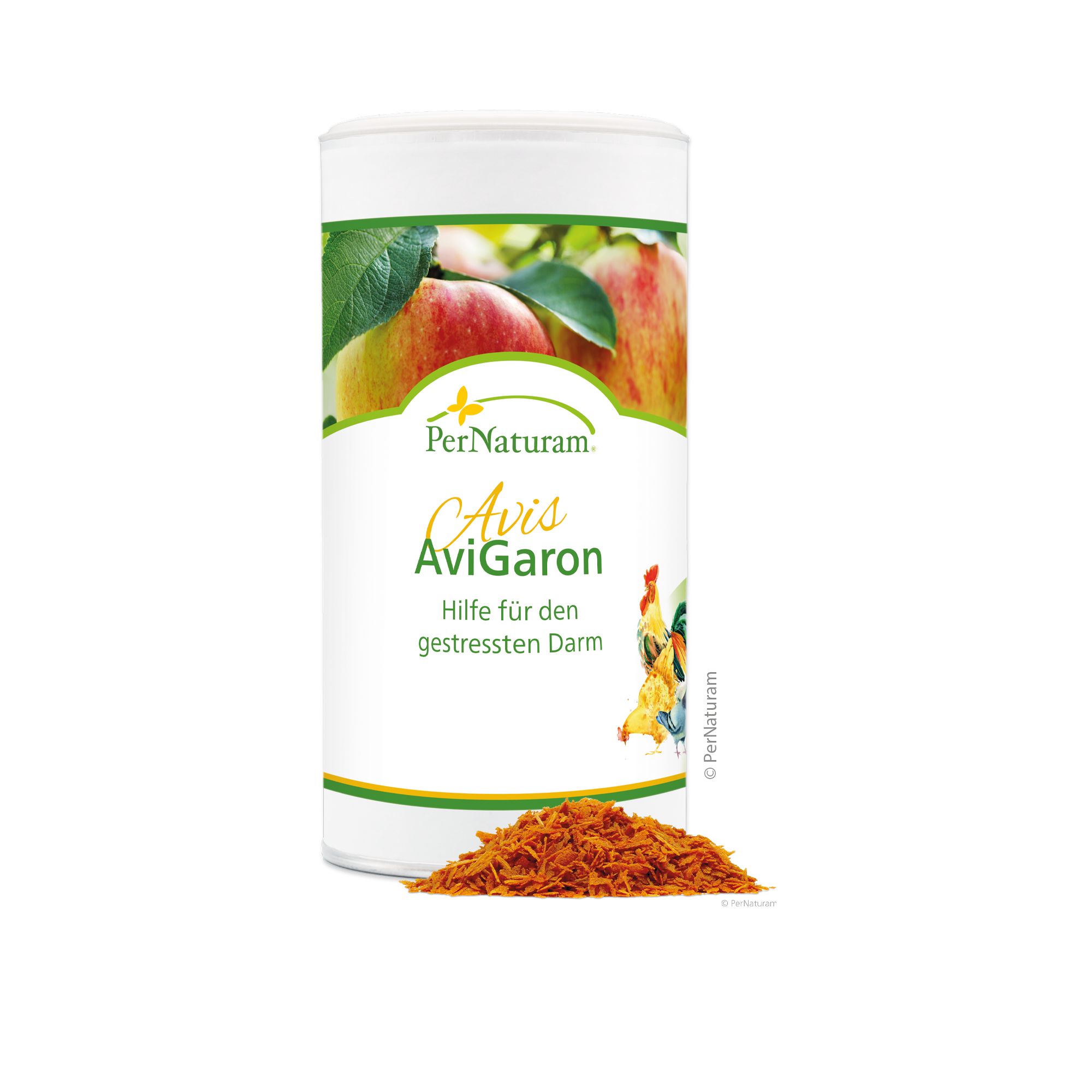 Zylindrische Dose mit Etikett. Aufschrift: Avis AviGaron. Darunter: Hilfe für den gestressten Darm. Logo PerNaturam.