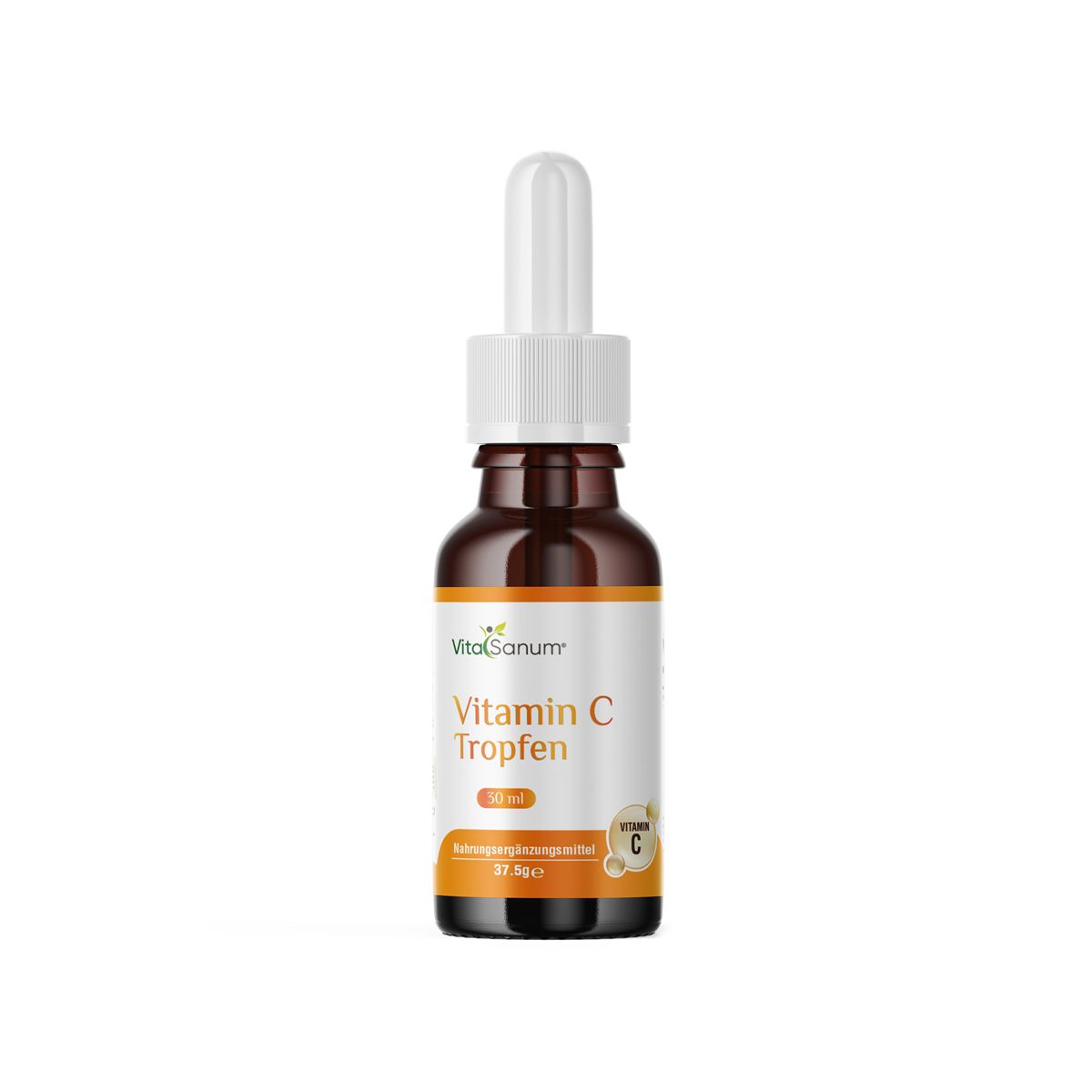 Braune Glasflasche mit weißem Tropfer. Etikett mit "Vitamin C Tropfen". Orangefarbener Bereich.