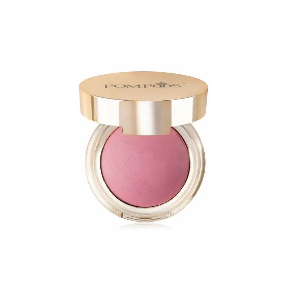 Blush-Kompaktpuder. Goldfarbener Deckel, rosa Puder. Deckel geöffnet.