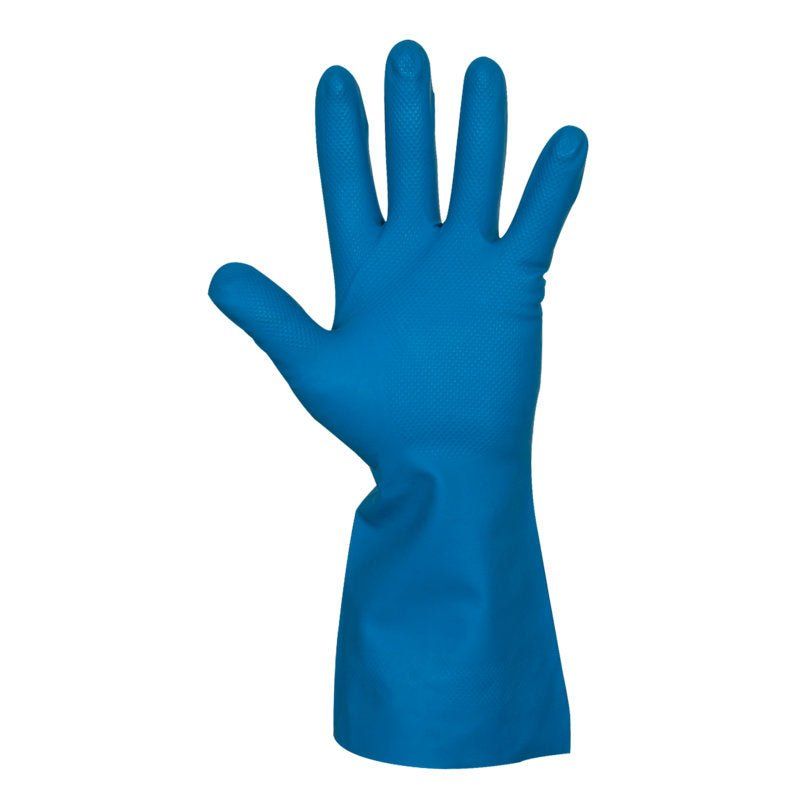 Blauer Haushaltshandschuh aus Nitril. Der Handschuh ist auf einer weißen Oberfläche abgebildet. Die Hand ist geöffnet.
