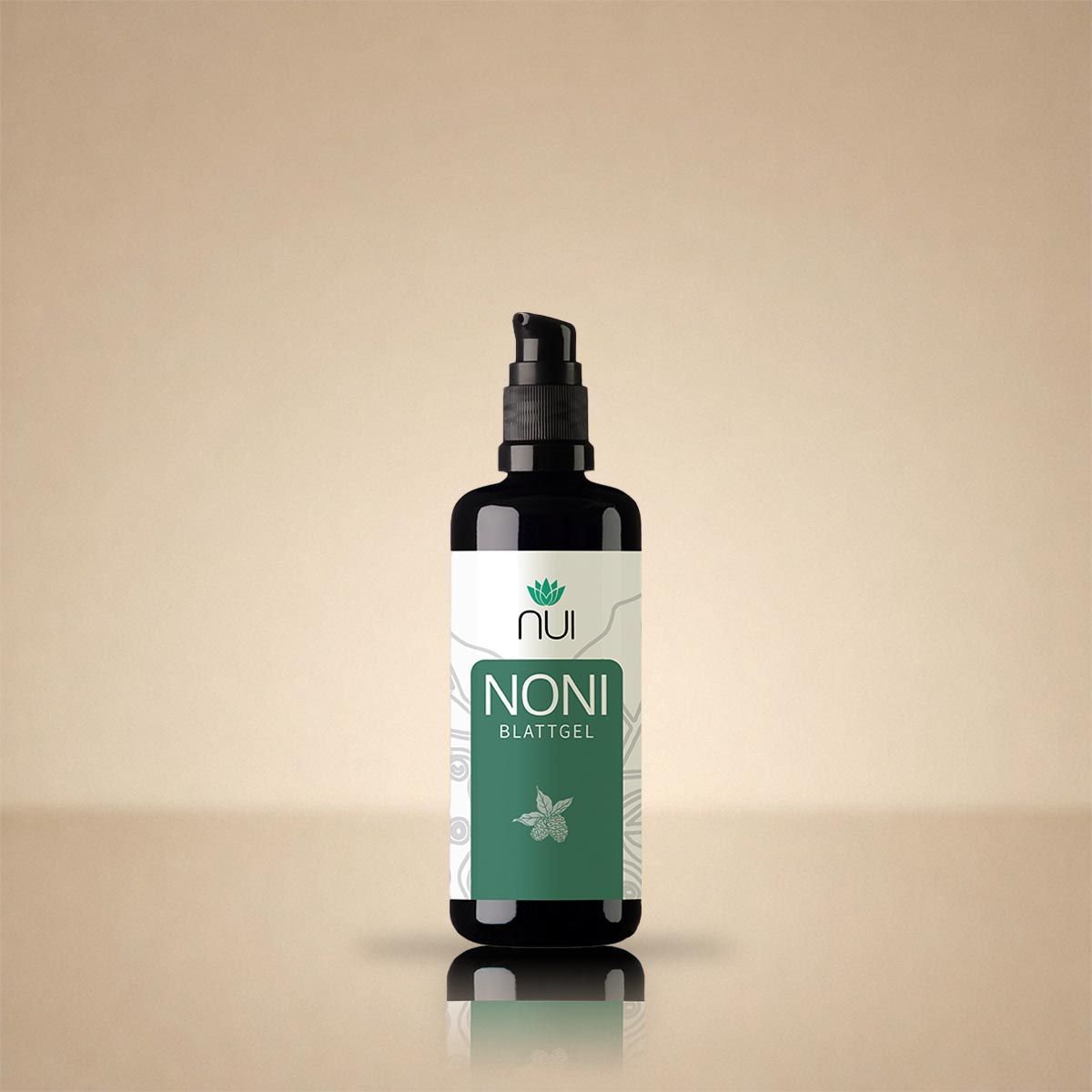 Dunkle Flasche mit Pumpspender, Noni Blattgel Etikett.