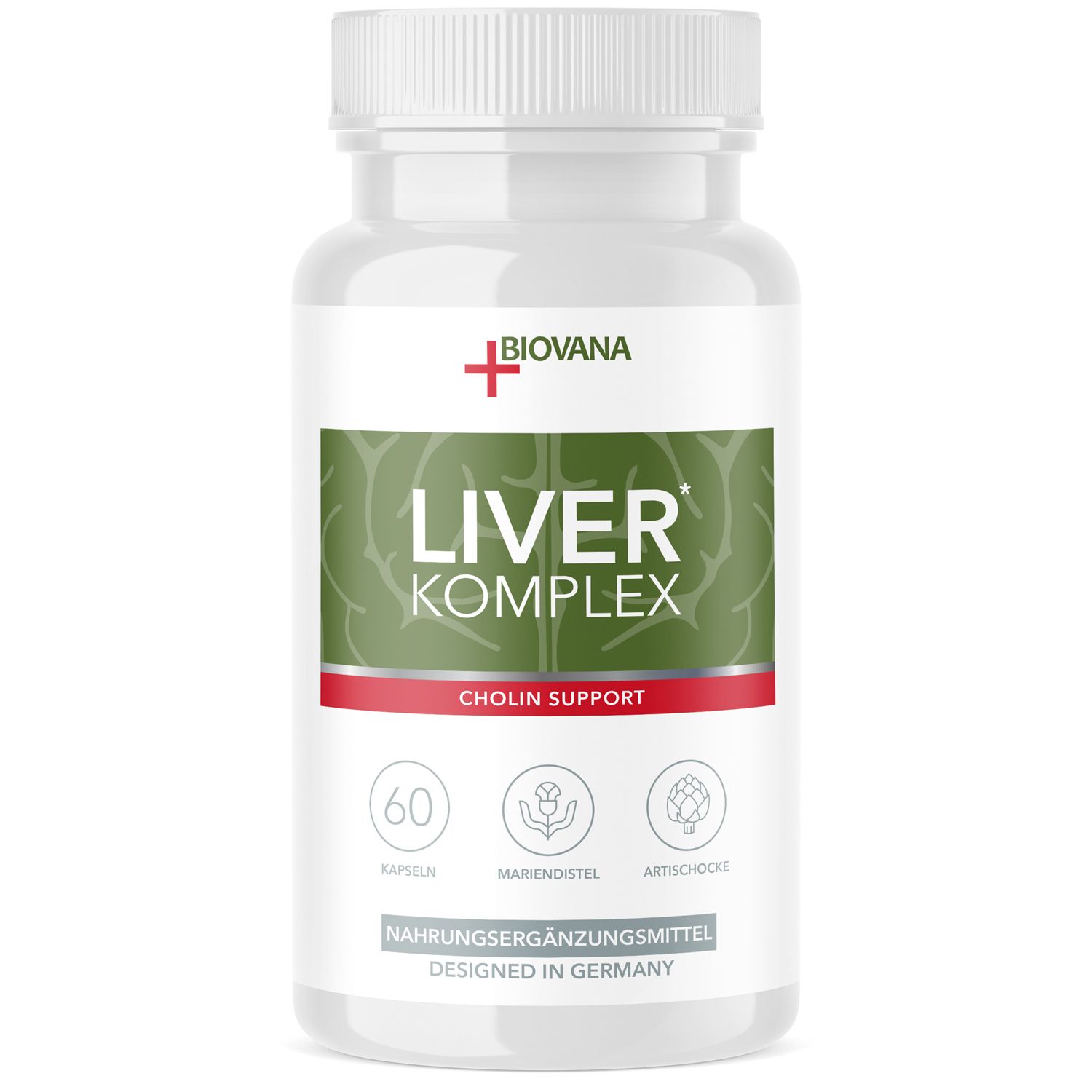 Weißes Pillenfläschchen mit grünem Etikett. Aufschrift: LIVER KOMPLEX, Cholin Support. Enthält 60 Kapseln. Marke: Biovana.