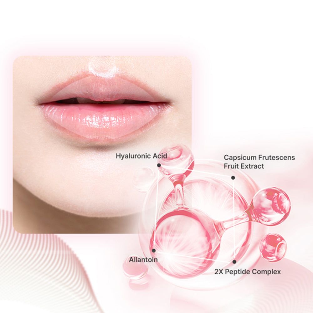 Nahaufnahme von Lippen. Hyaluronsäure, Capsicum Frutescens Fruchtextrakt, Allantoin und 2X Peptidkomplex werden hervorgehoben.