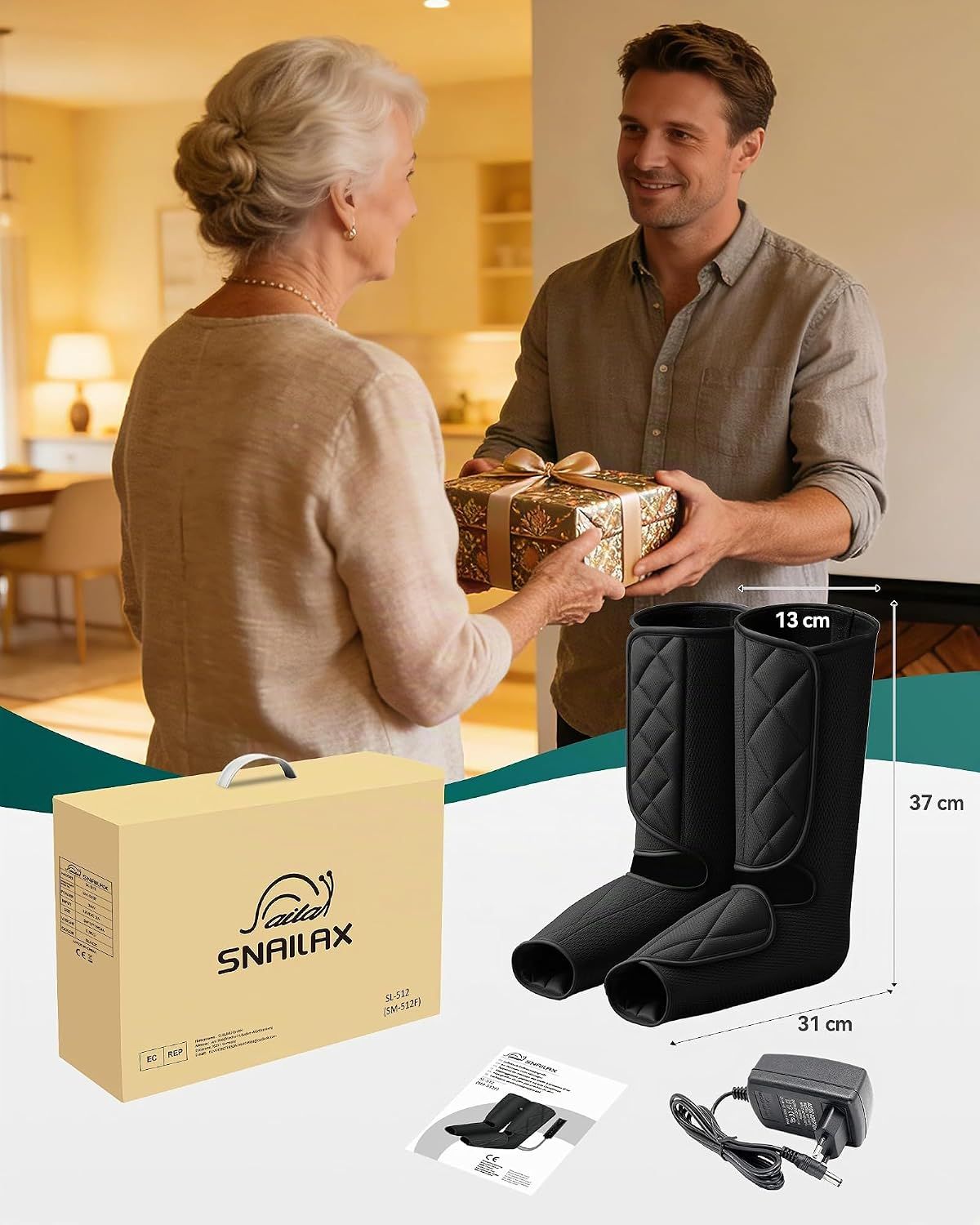 Beinmassagegerät mit Verpackung, Fernbedienung und Anleitung.