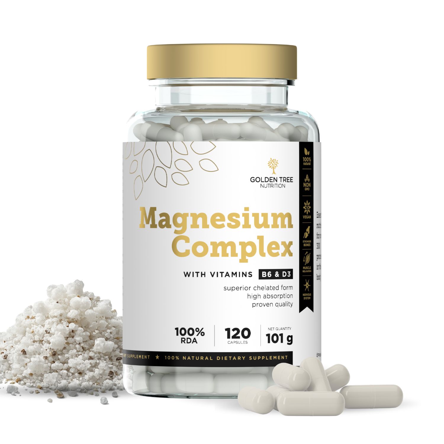 Flasche Golden Tree Magnesium Complex mit Kapseln und Magnesiumpulver.