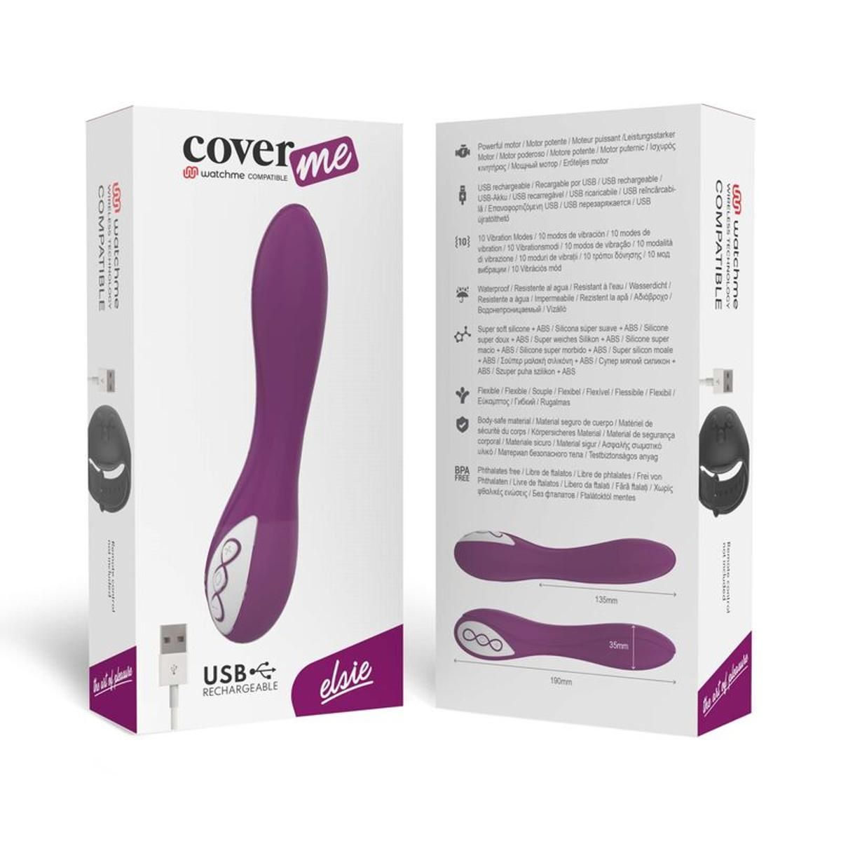 Produktverpackung mit lila Vibrator und USB-Kabel. Text: "cover me", "elsie", "USB RECHARGEABLE".