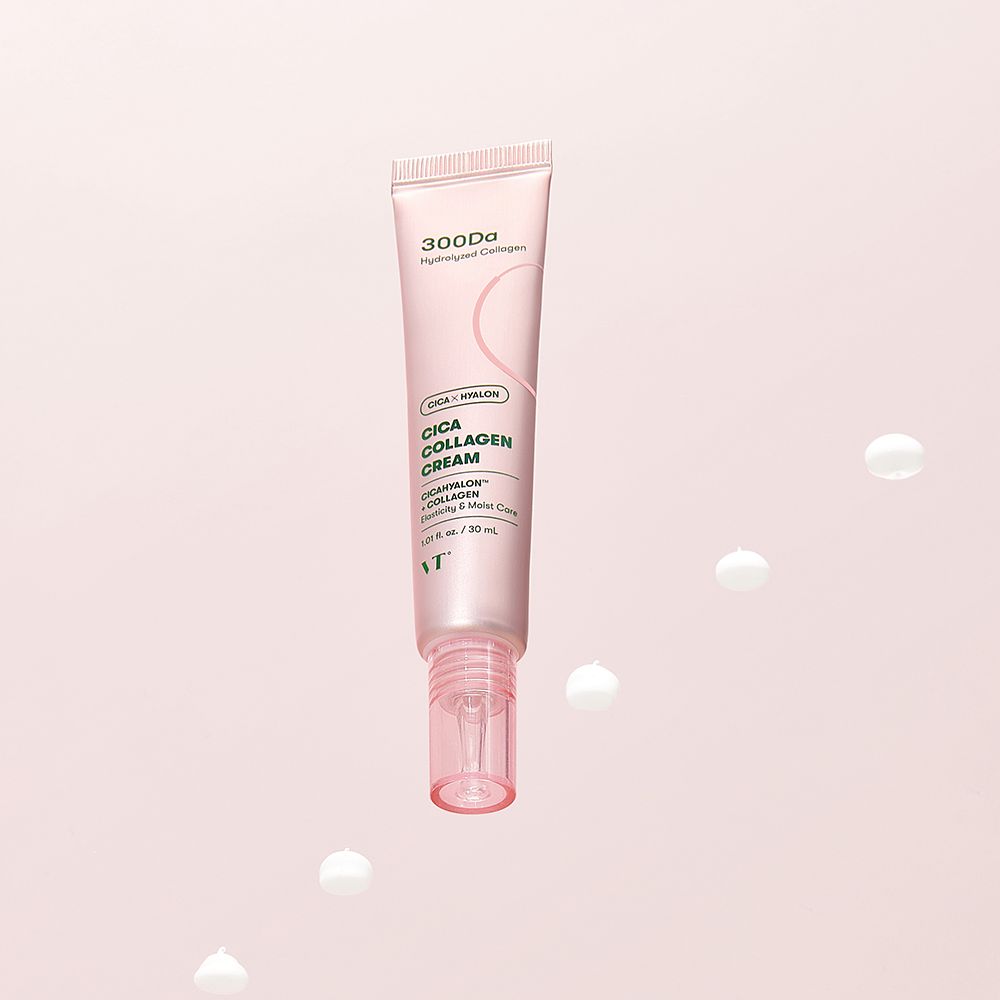 Rosa Tube mit Creme. 300Da, Cica Kollagen Creme. Weiße Tropfen fallen.