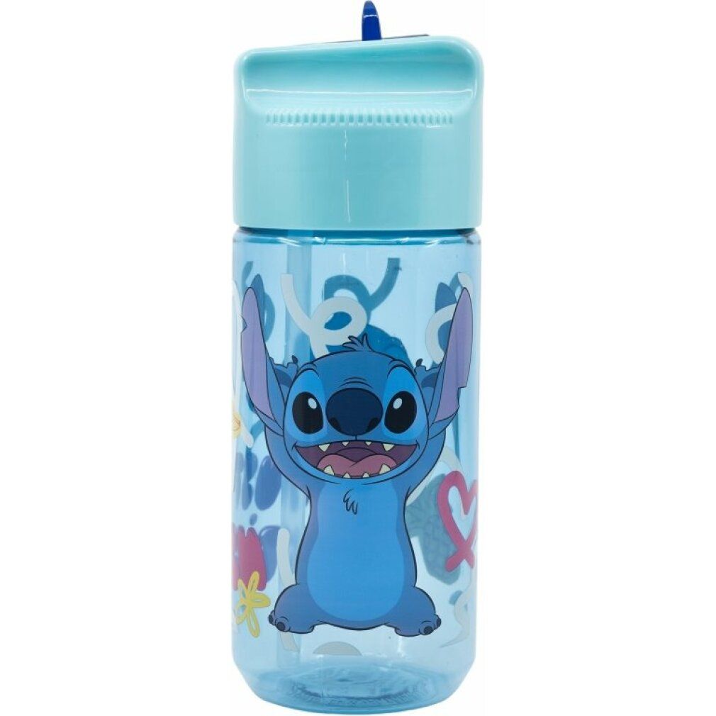 Hellblaue Trinkflasche mit aufgedrucktem Cartoon-Charakter. Der Deckel ist ebenfalls hellblau. Der Flaschenkörper ist transparent.