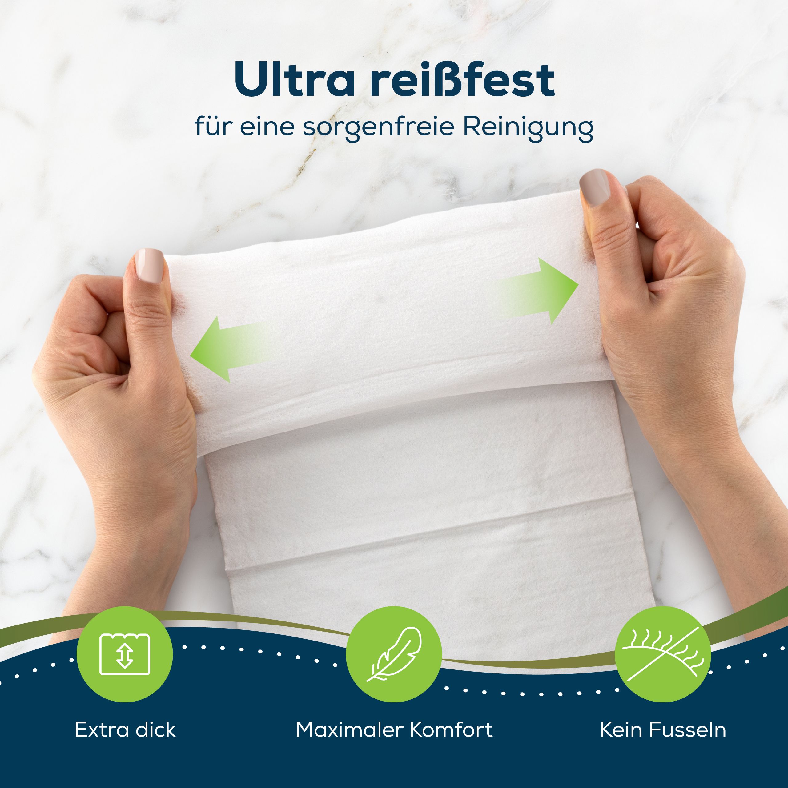 Weiße Feuchttücher werden gedehnt. Text: Ultra reißfest, Extra dick, maximaler Komfort, kein Fusseln.