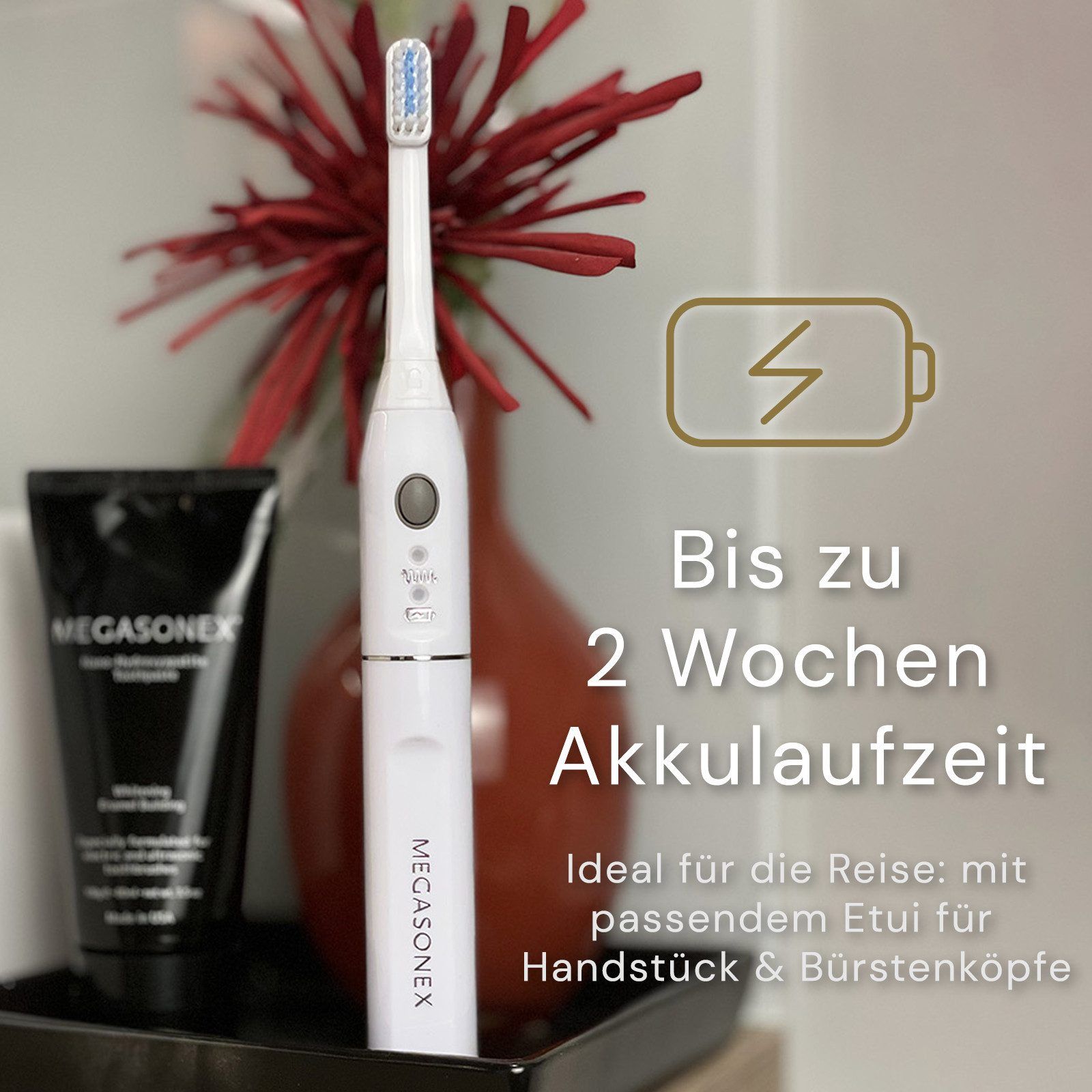 Weiße elektrische Zahnbürste mit schwarzer Zahnpasta. Auf der Zahnbürste steht MEGASONEX. Text: Bis zu 2 Wochen Akkulaufzeit.