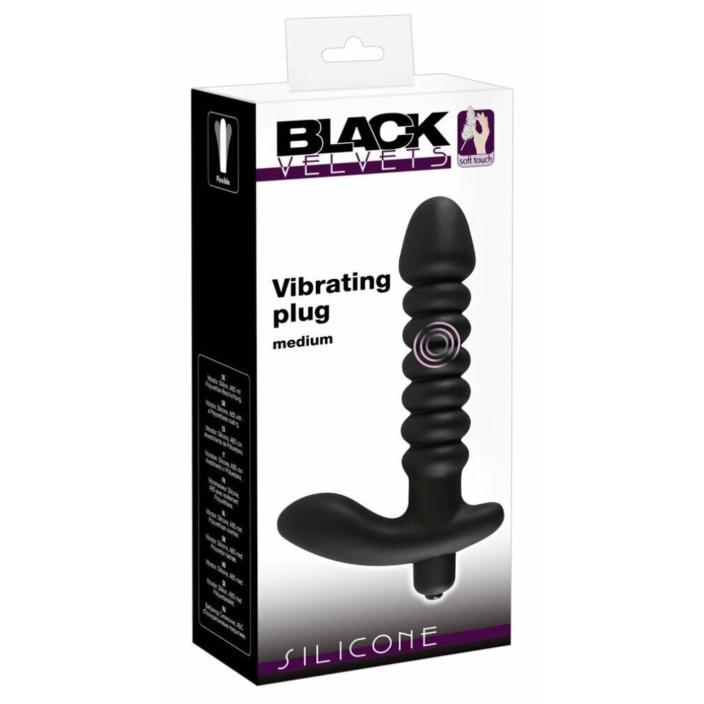 Schwarzer Vibrations-Plug, verpackt. Aufschrift: Black Velvets, Vibrating plug medium. Material: Silikon.