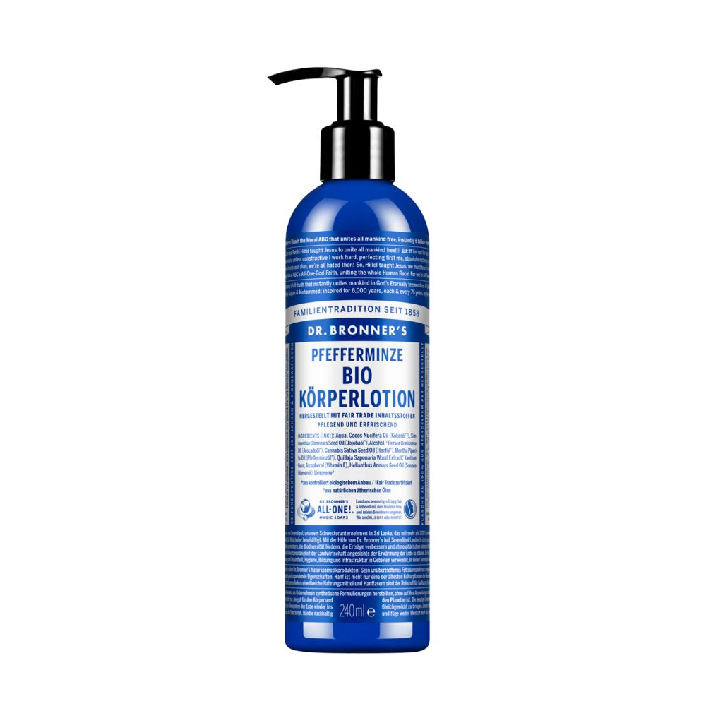 Blaue Flasche mit schwarzem Pumpkopf. Aufschrift: Dr. Bronner's Bio Körperlotion Pfefferminze. 240ml.
