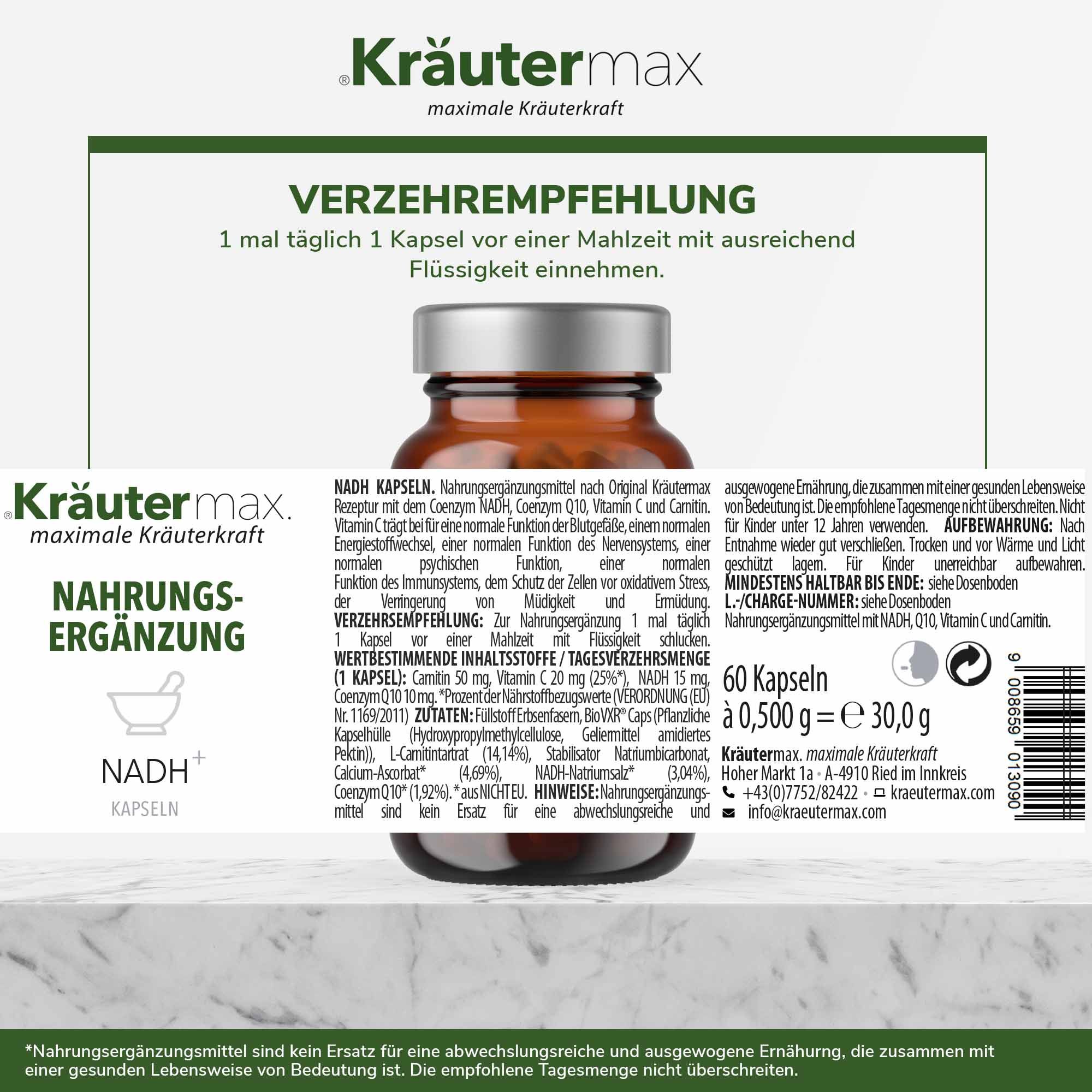 Kräutermax NADH Kapseln mit Coenzym Q10 und Carnitin