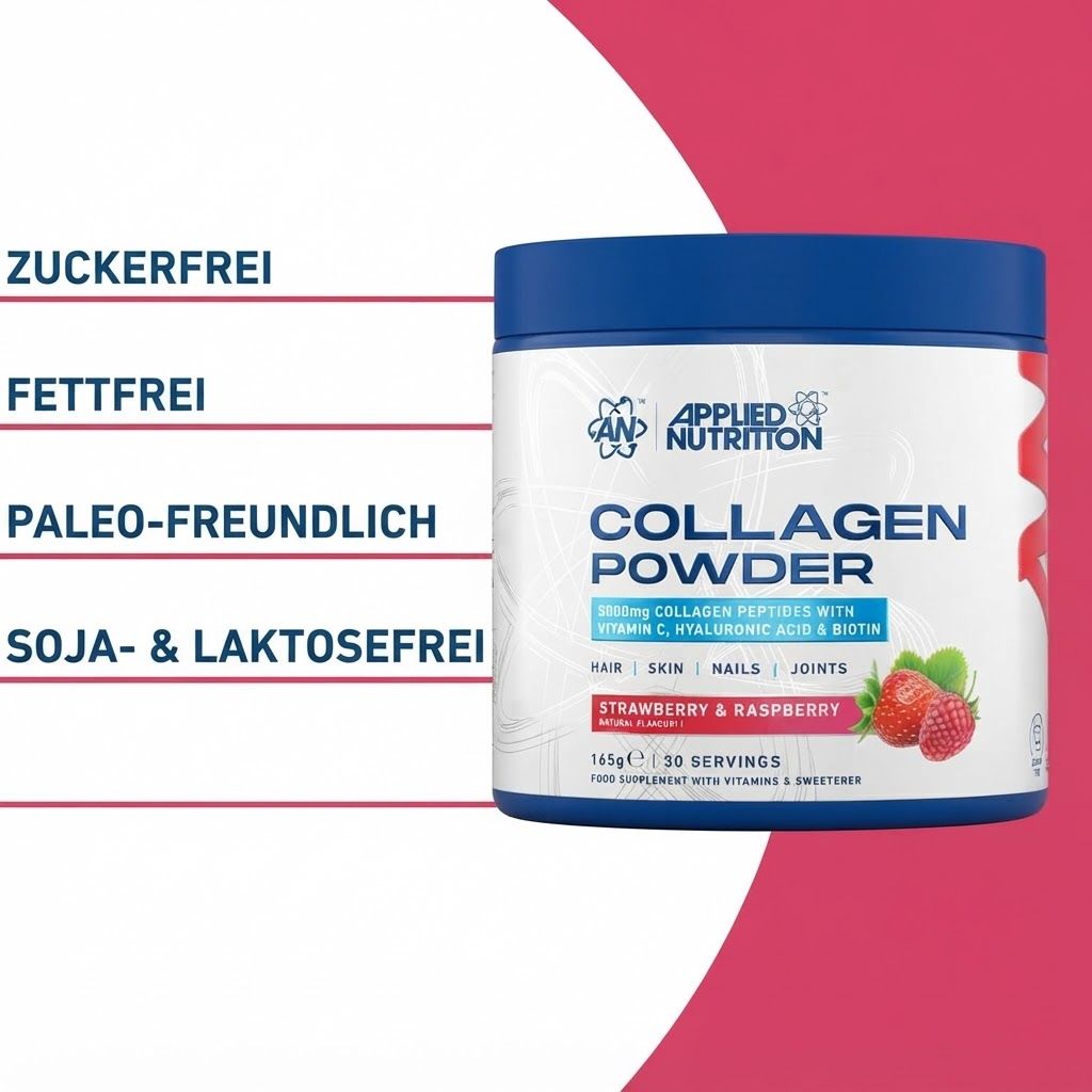Ein Beutel 'APPLIED NUTRITION COLLAGEN POWDER' Erdbeer- & Himbeergeschmack.